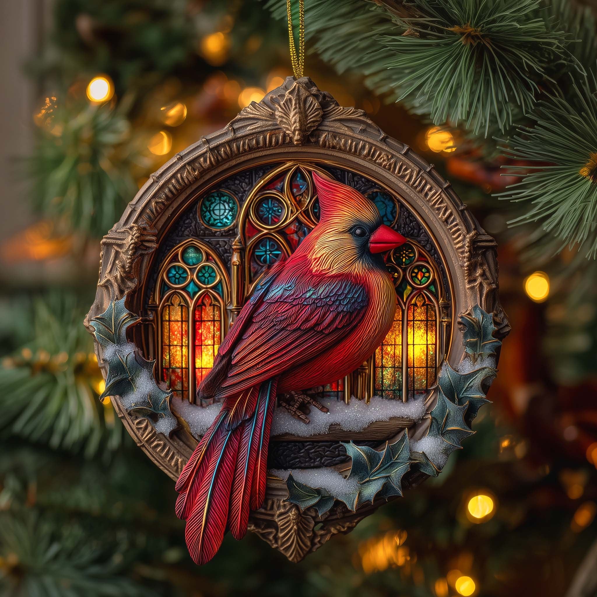 Cardinal at the Stained Glass Window Christmas Ornament