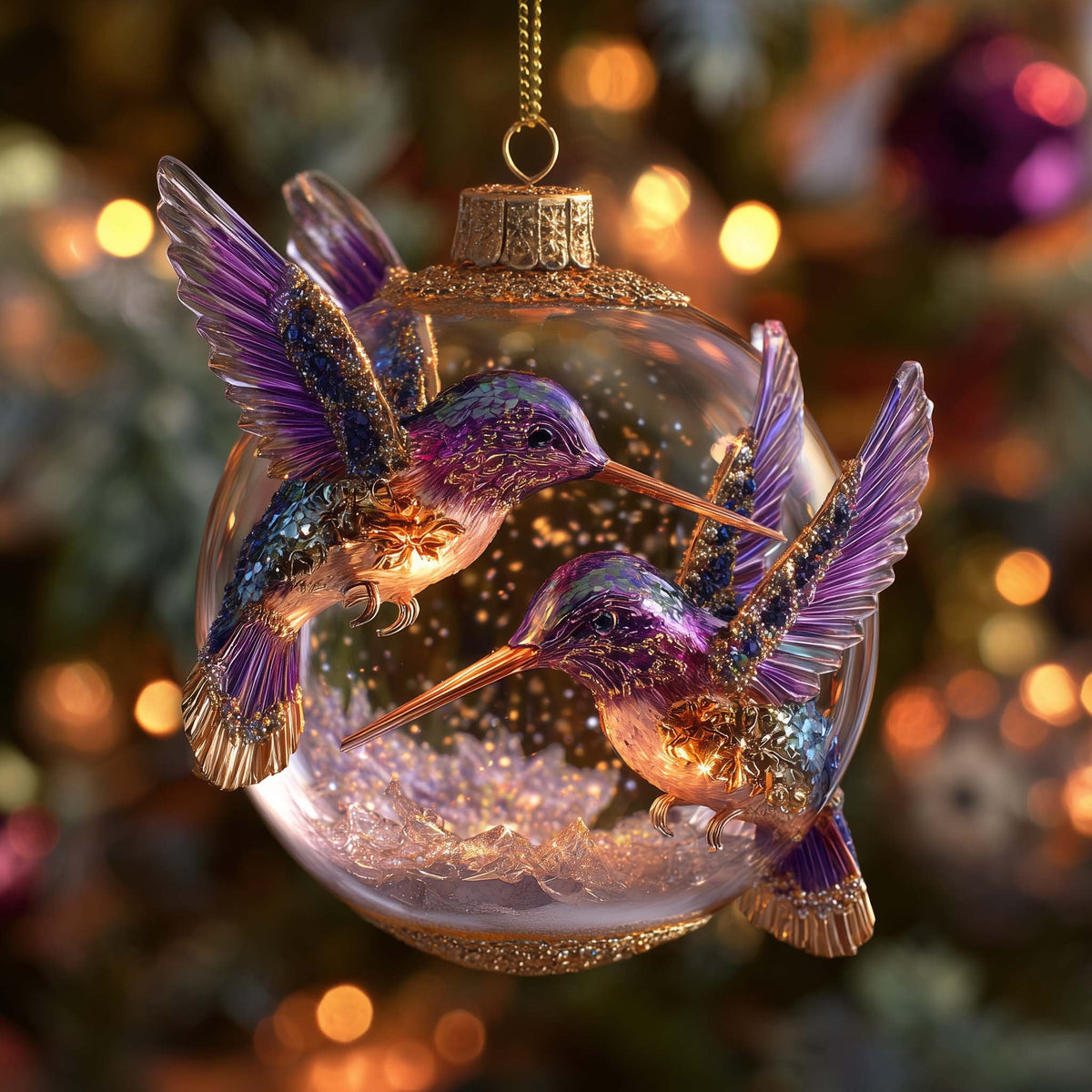 Hummingbird Pair in a Glass Globe Christmas Ornament