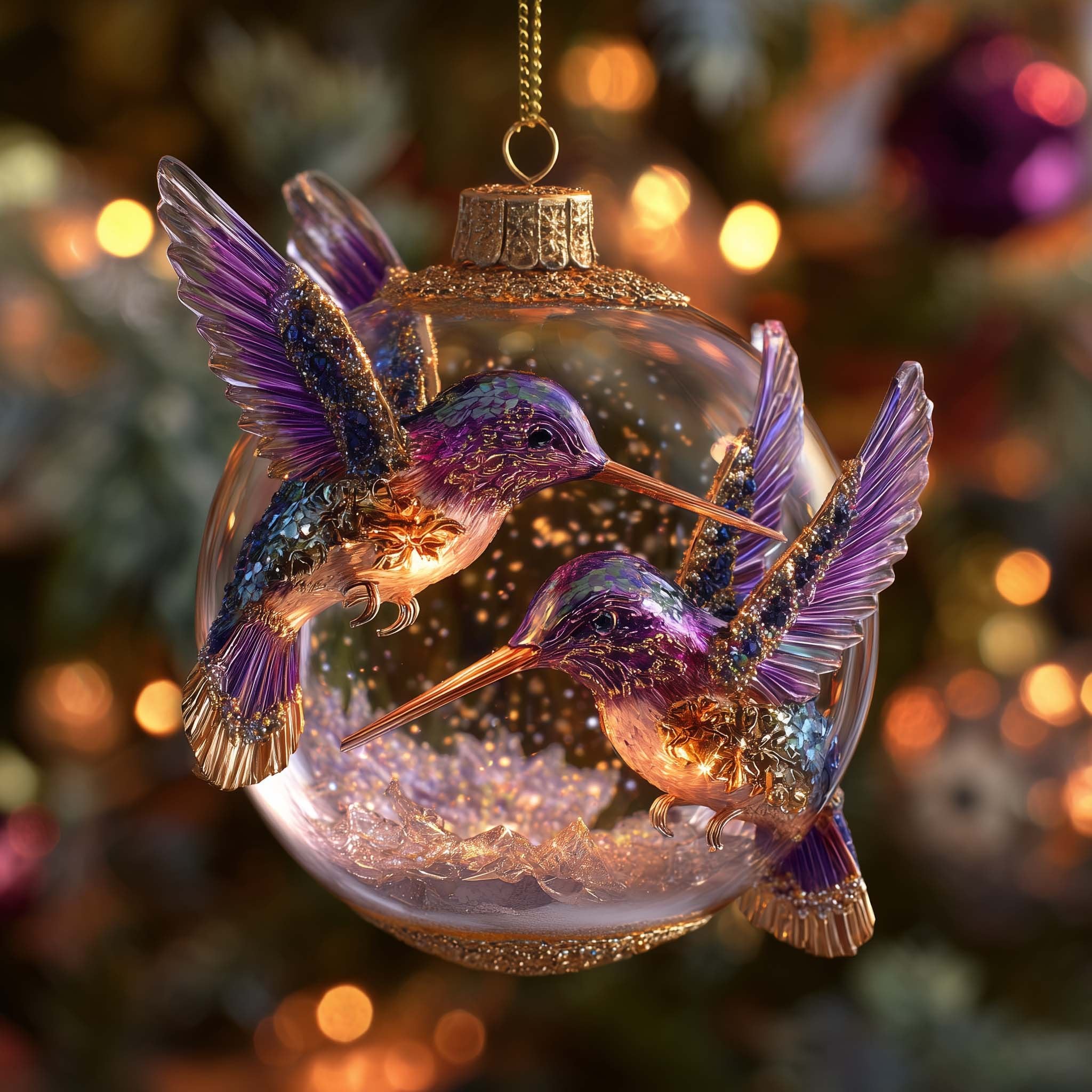Hummingbird Pair in a Glass Globe Christmas Ornament