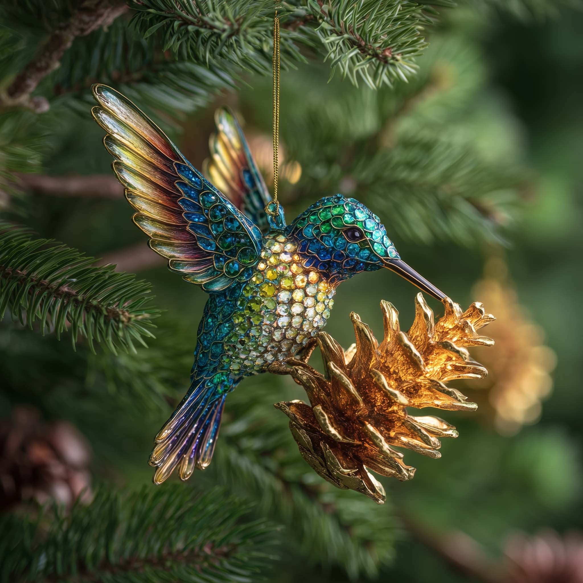 Hummingbird at a Golden Pinecone Christmas Ornament