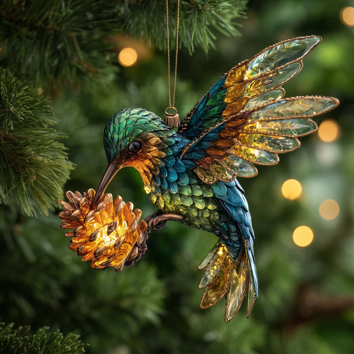 Emerald Hummingbird and Pinecone Christmas Ornament