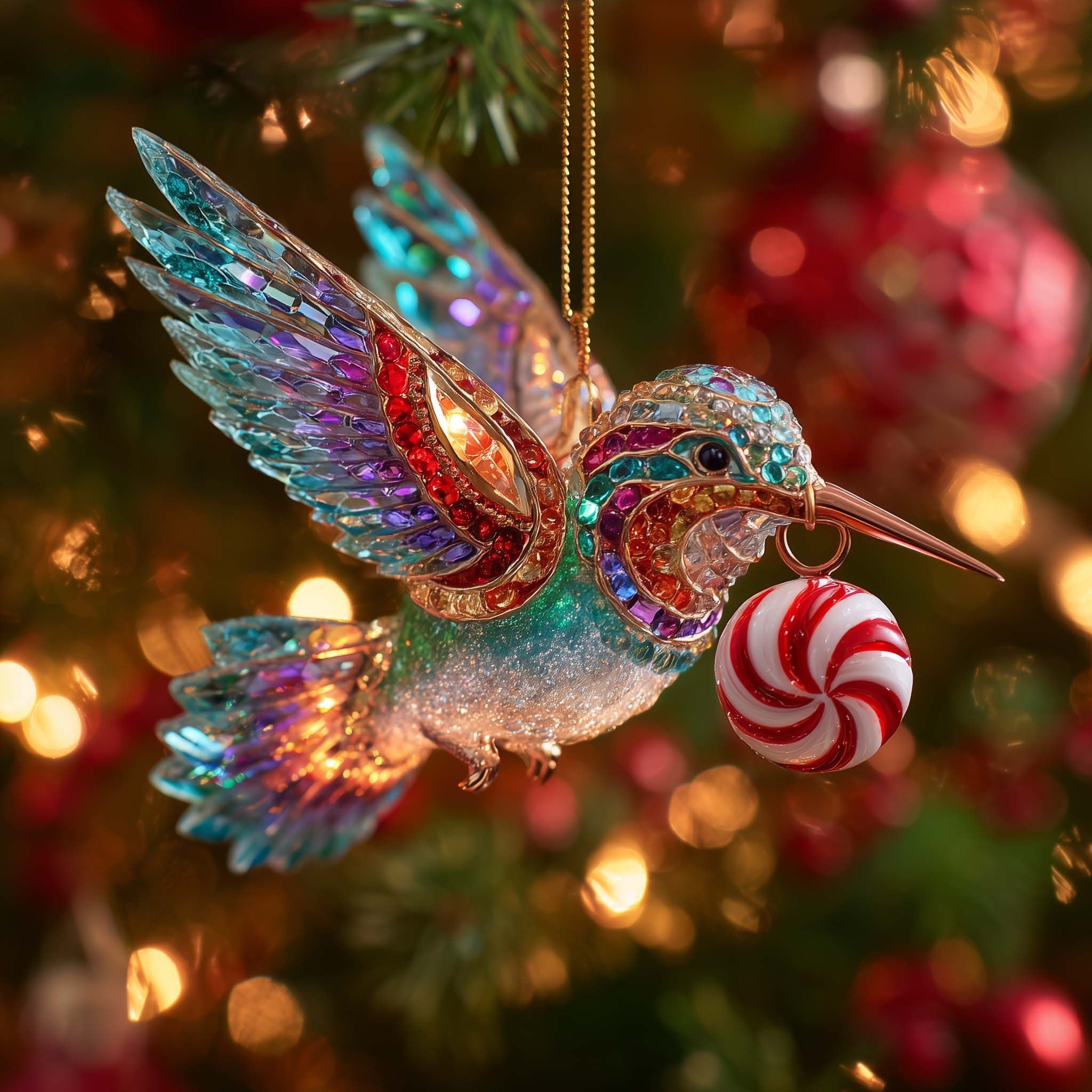 Hummingbird with a Peppermint Swirl Christmas Ornament