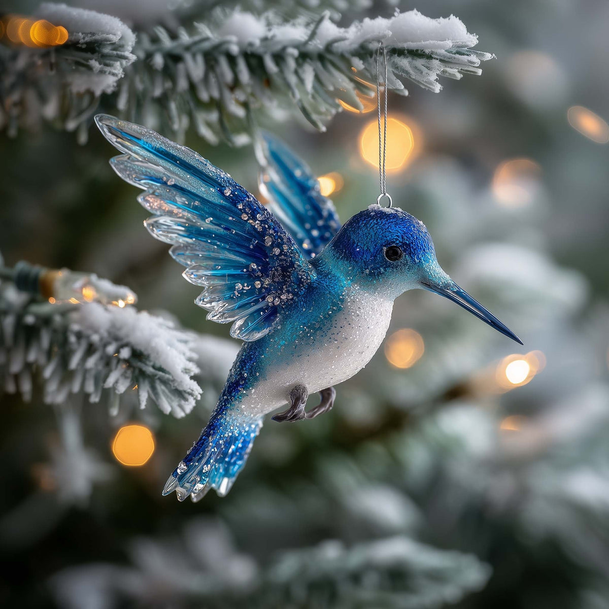 Frosted Blue Hummingbird Christmas Ornament