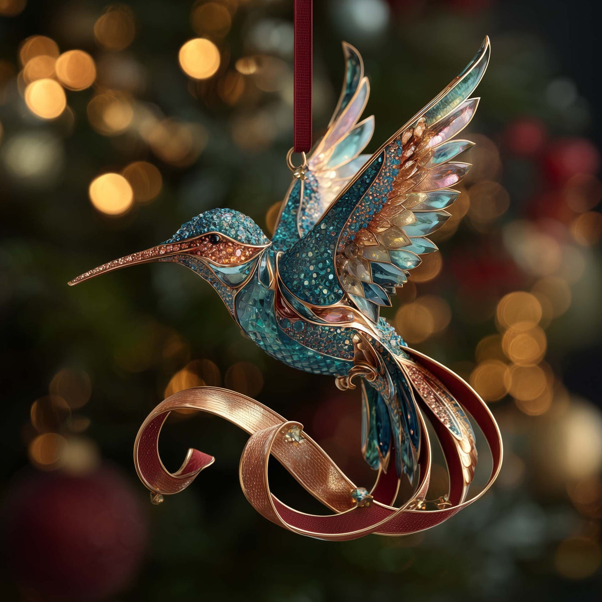 Hummingbird on a Copper Ribbon Christmas Ornament