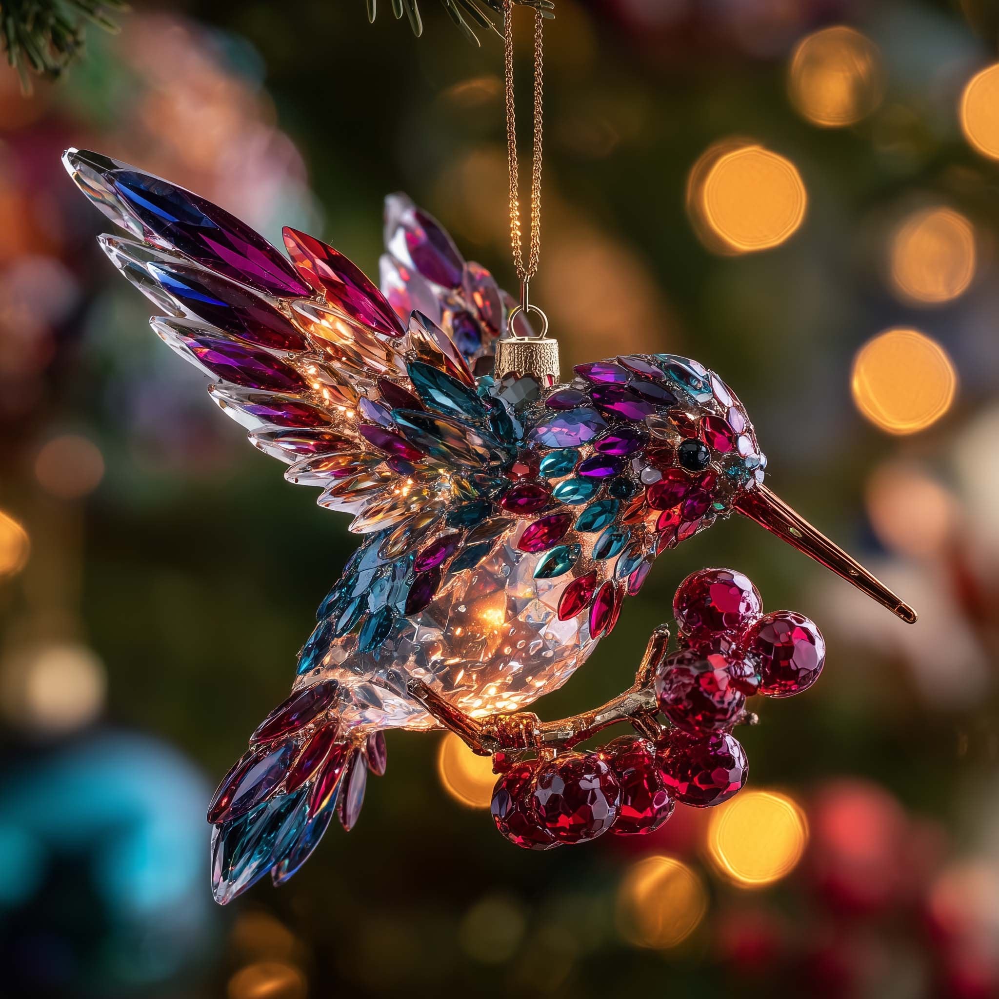 Crystal Hummingbird on Winter Berries Christmas Ornament
