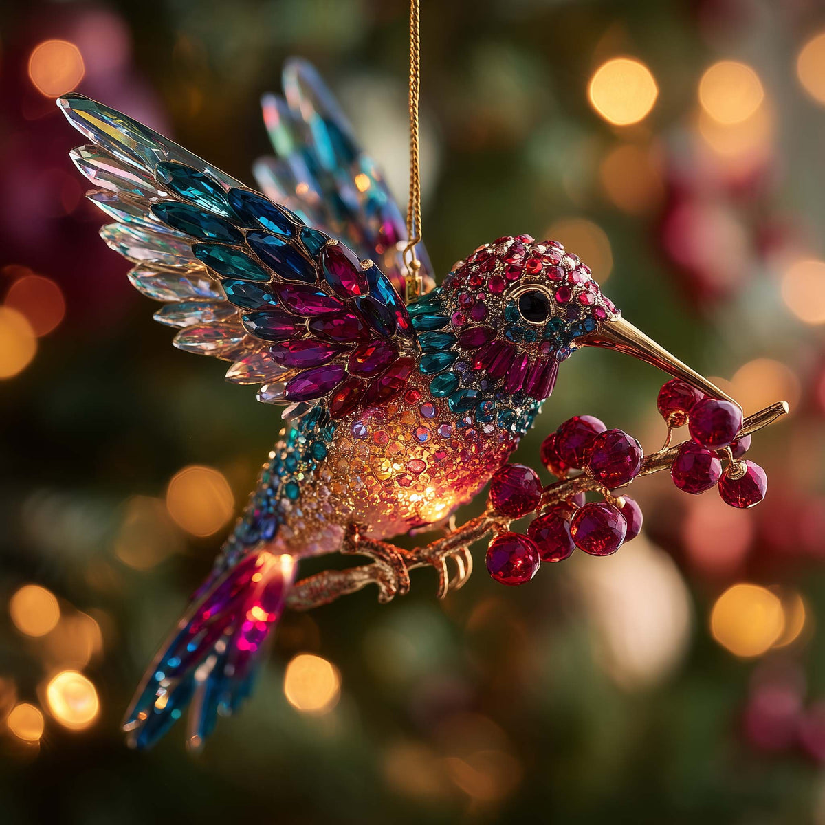 Ruby Hummingbird on a Berry Branch Christmas Ornament