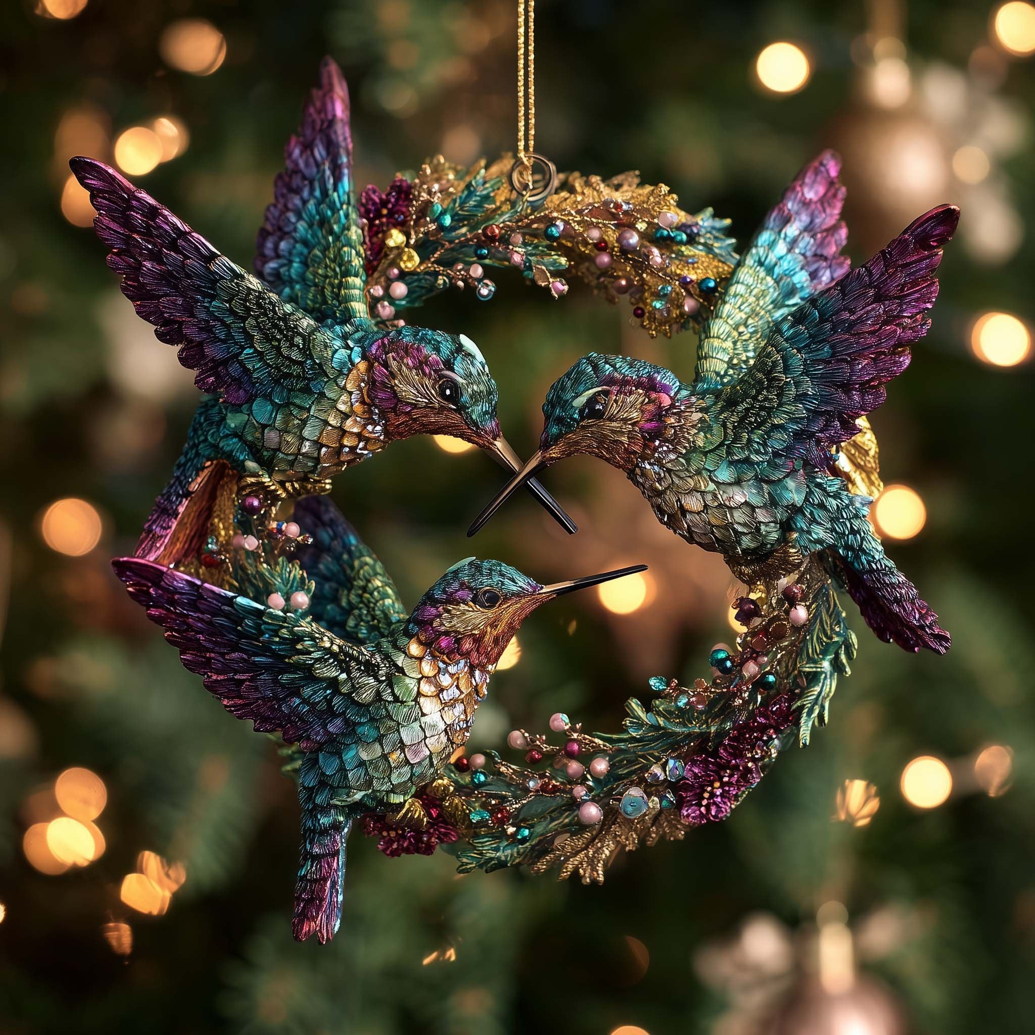 Two Hummingbirds on a Wreath Christmas Ornament
