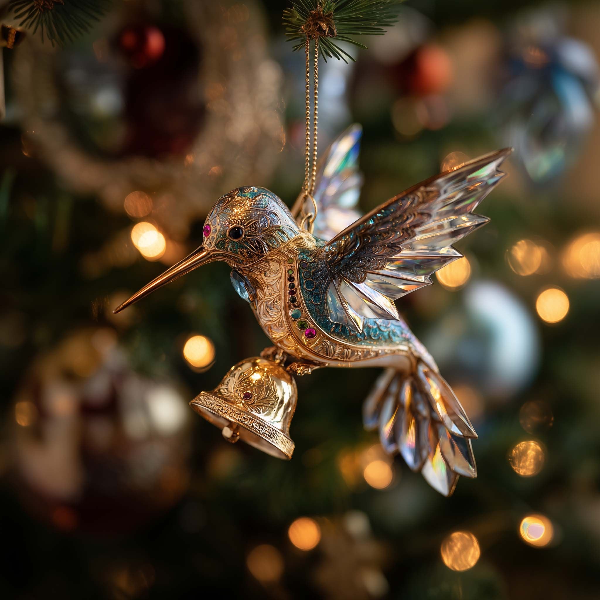 Hummingbird with a Golden Bell Christmas Ornament