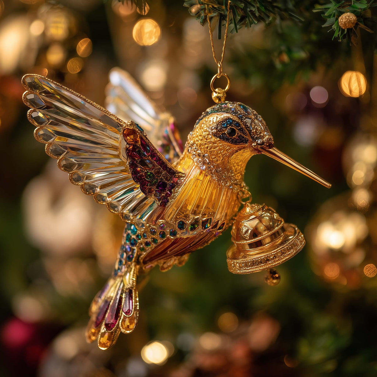 Amber Hummingbird and Bell Christmas Ornament