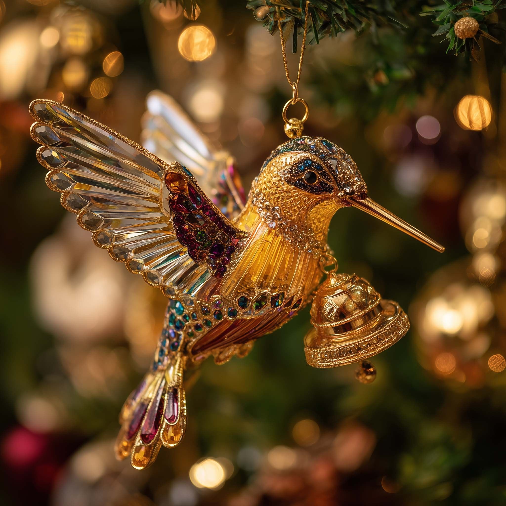Amber Hummingbird and Bell Christmas Ornament