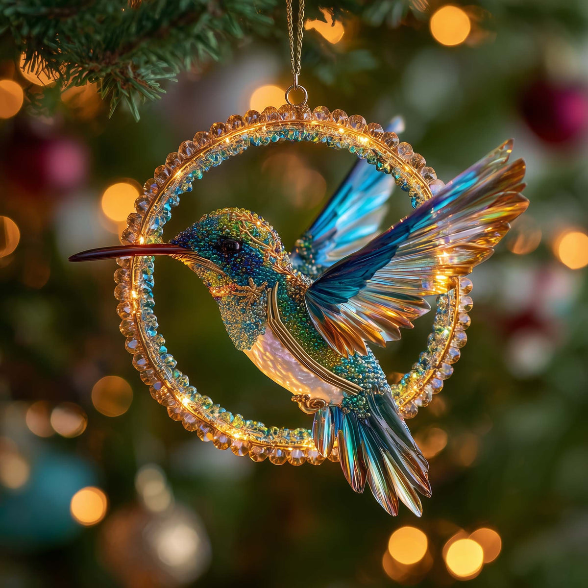 Hummingbird in a Jewelled Ring Christmas Ornament
