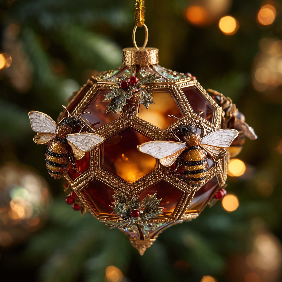 Faceted Amber Honeycomb Bauble Christmas Ornament