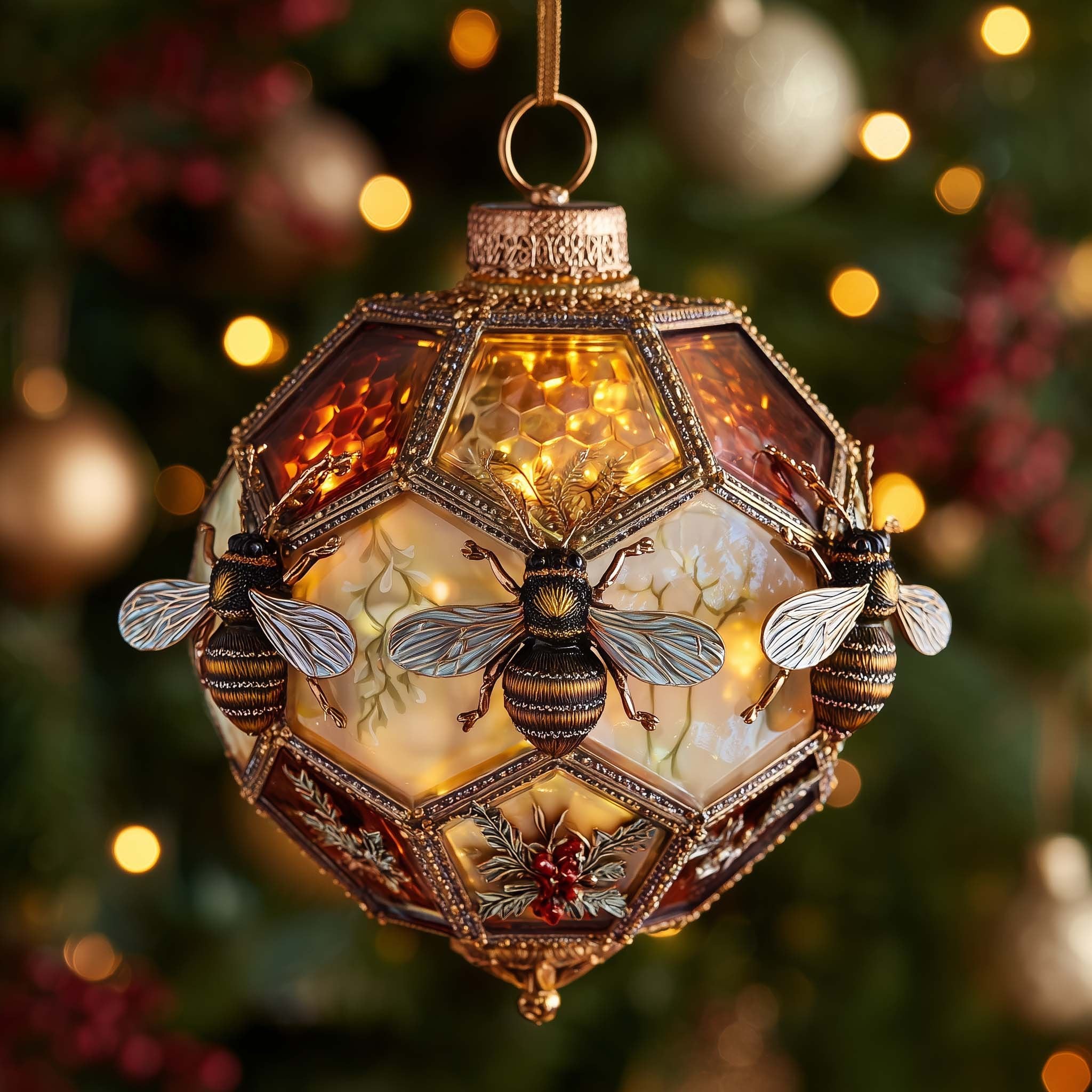 Amber Panel Hive with Three Bees Christmas Ornament