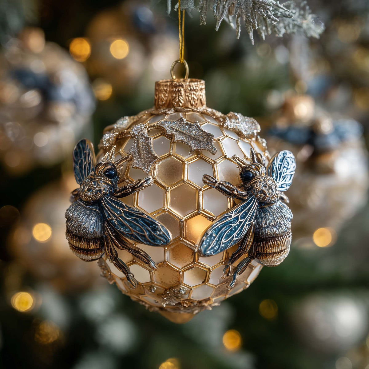 Honeycomb Ball with Blue Winged Bees Christmas Ornament