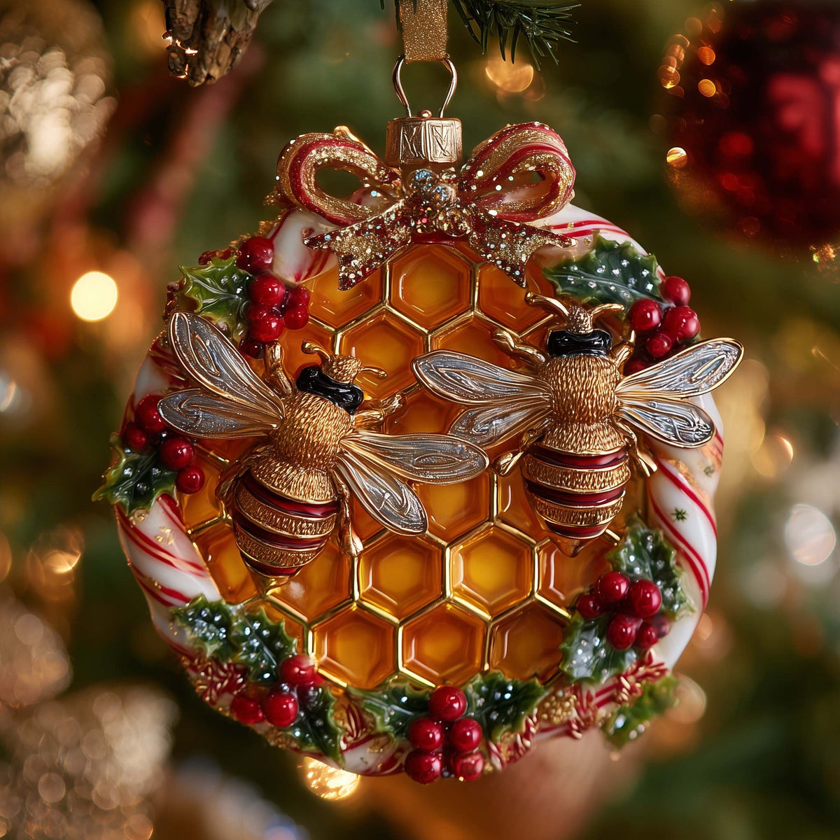 Honeycomb Disc with Candy Canes Christmas Ornament