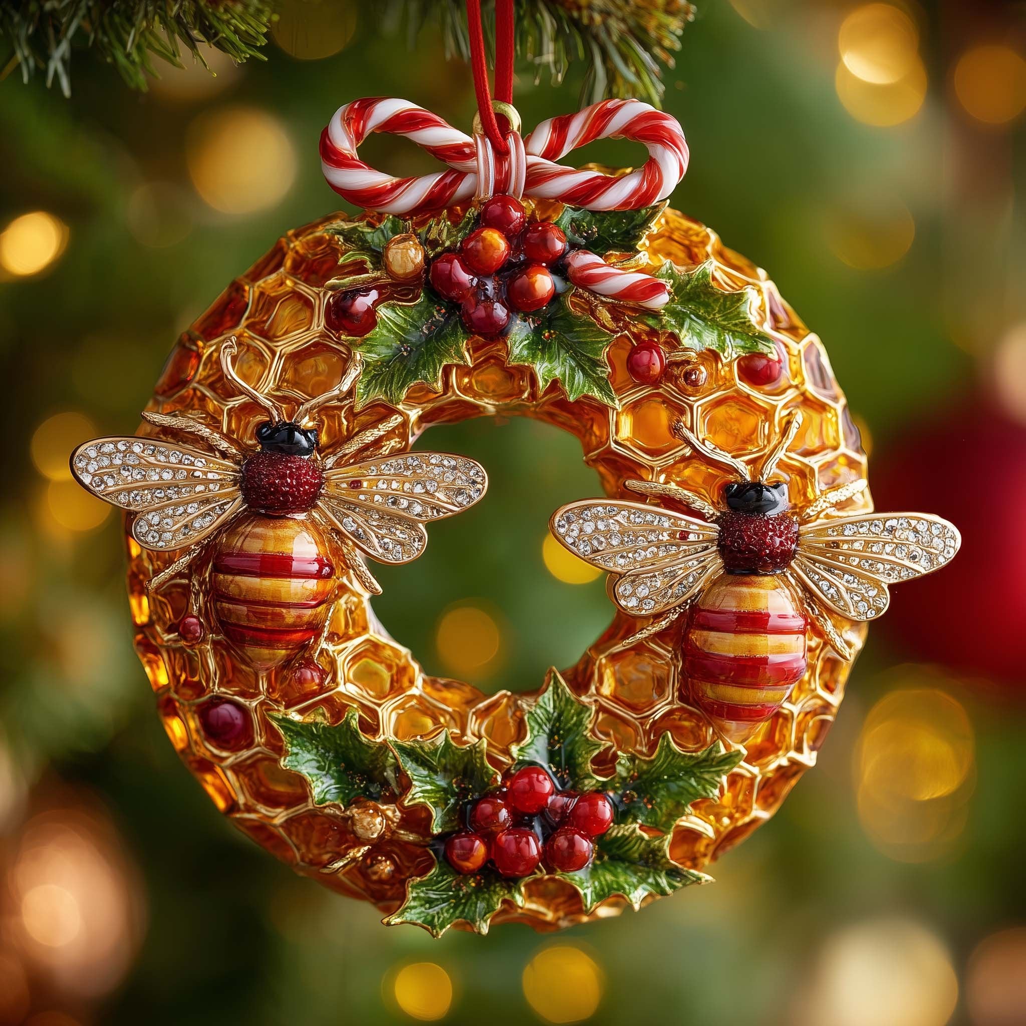 Honeycomb Wreath with a Candy Cane Bow Christmas Ornament