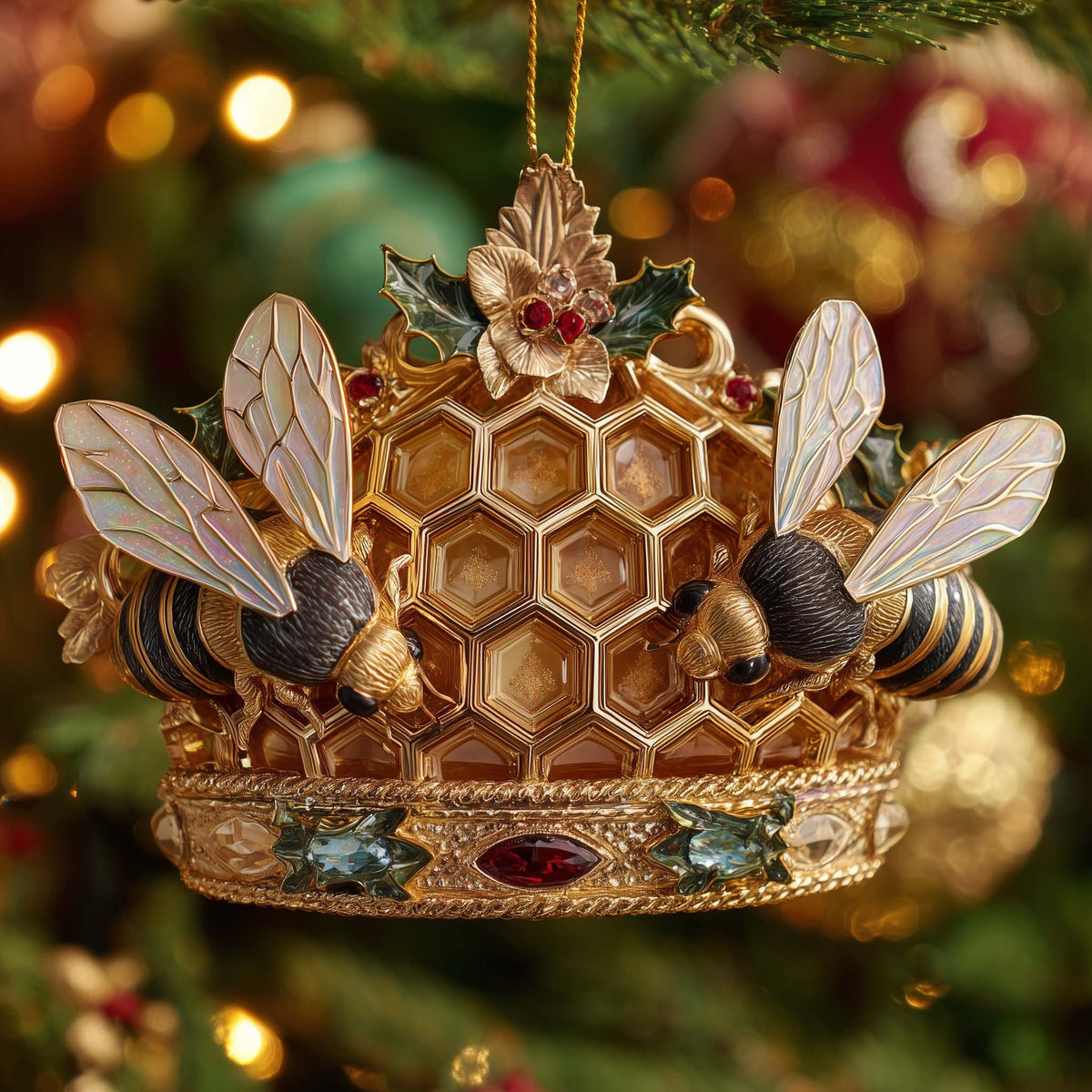 Golden Crown Hive with Bees Christmas Ornament