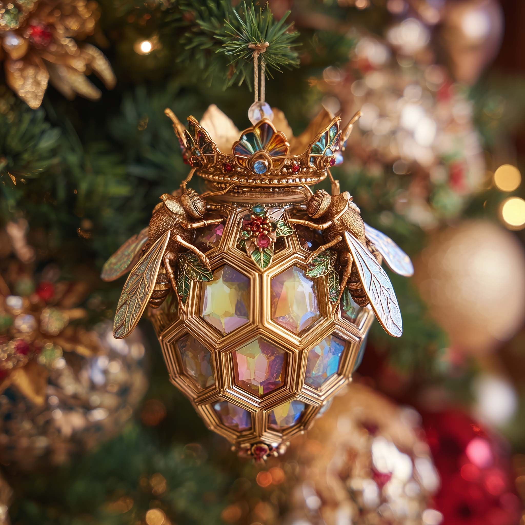 Crowned Iridescent Hive Lantern Christmas Ornament