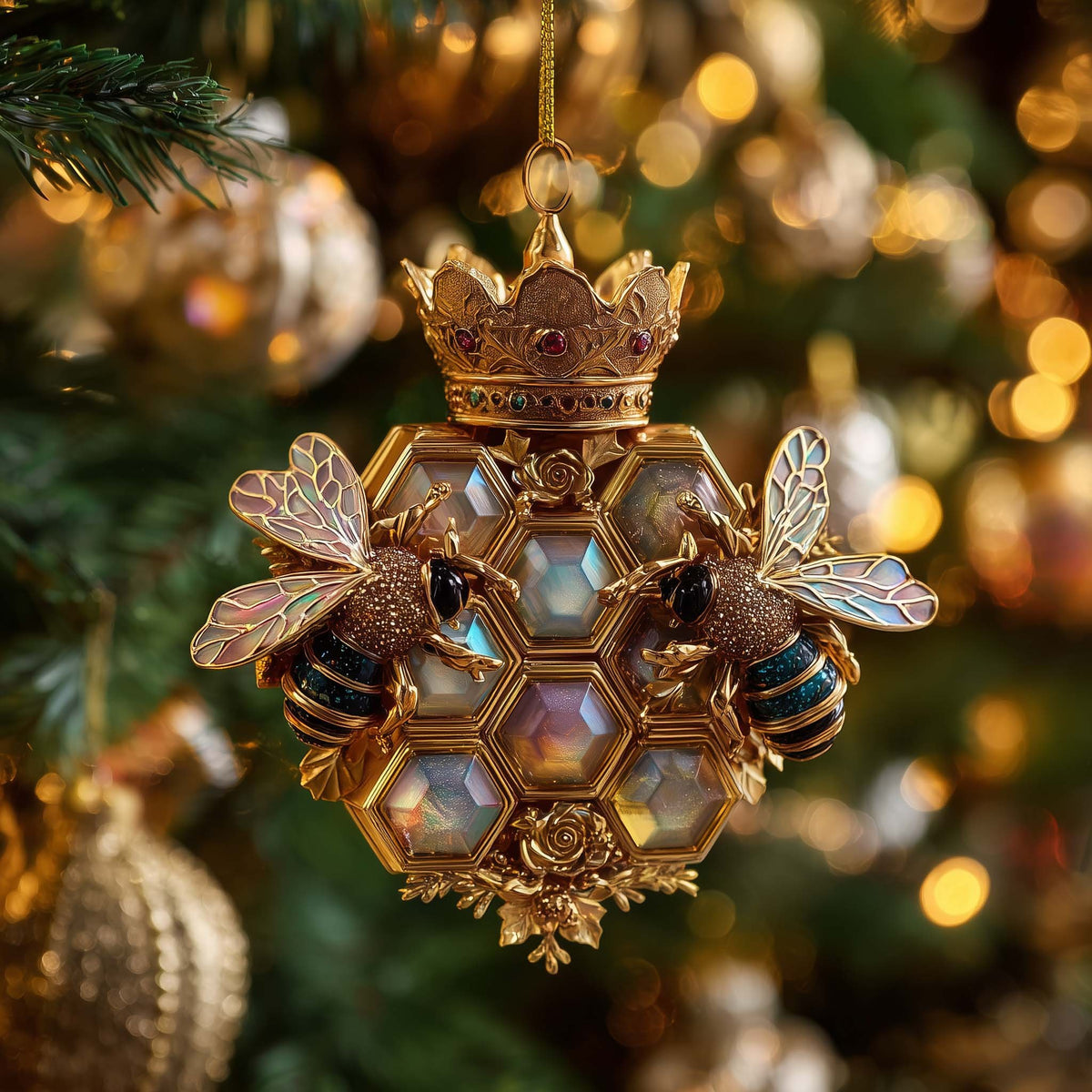 Crowned Honeycomb Bauble with Opal Panels Christmas Ornament