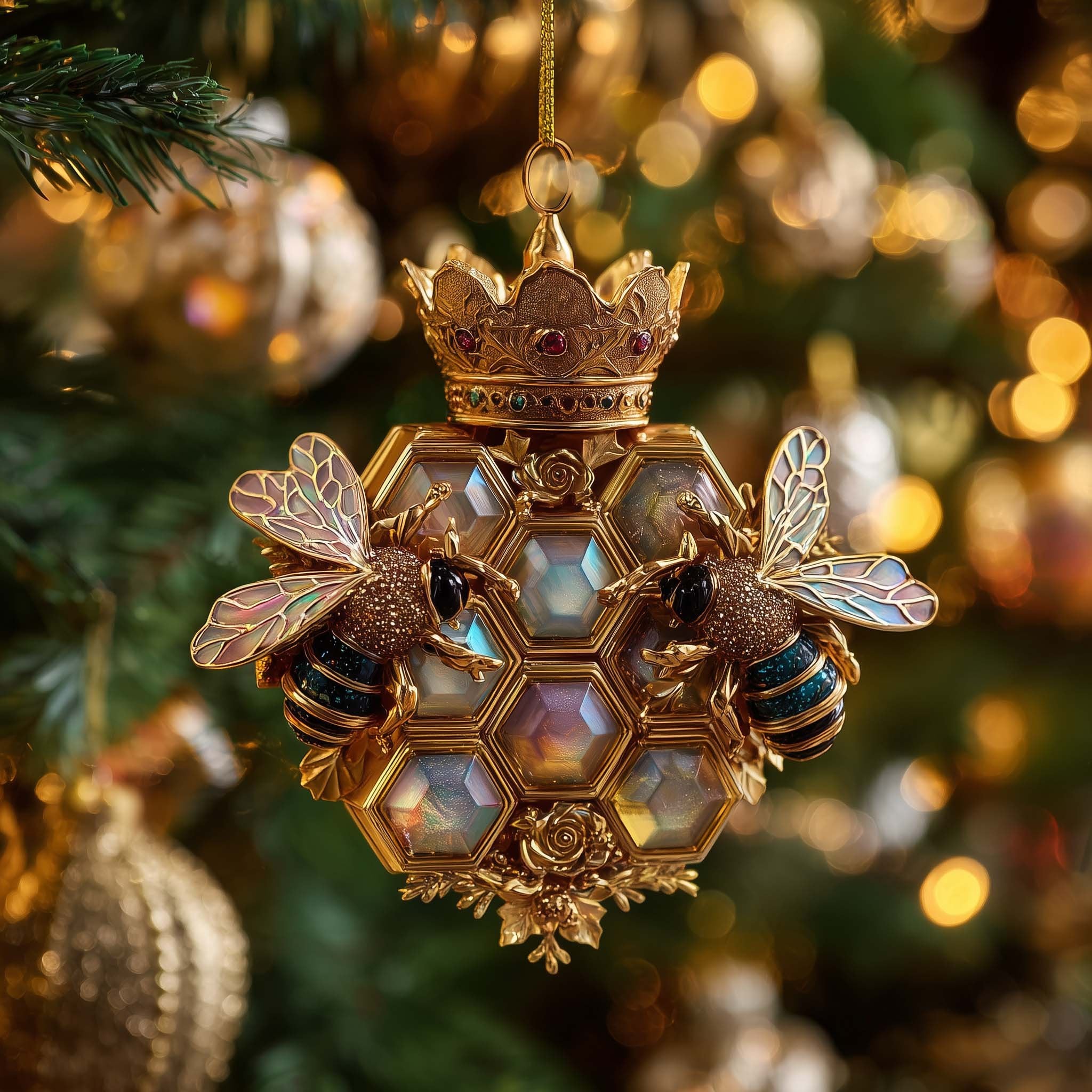Crowned Honeycomb Bauble with Opal Panels Christmas Ornament
