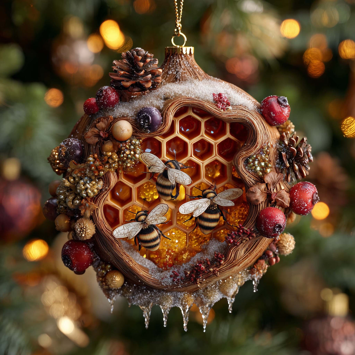 Snowy Hive with Pinecones and Berries Christmas Ornament