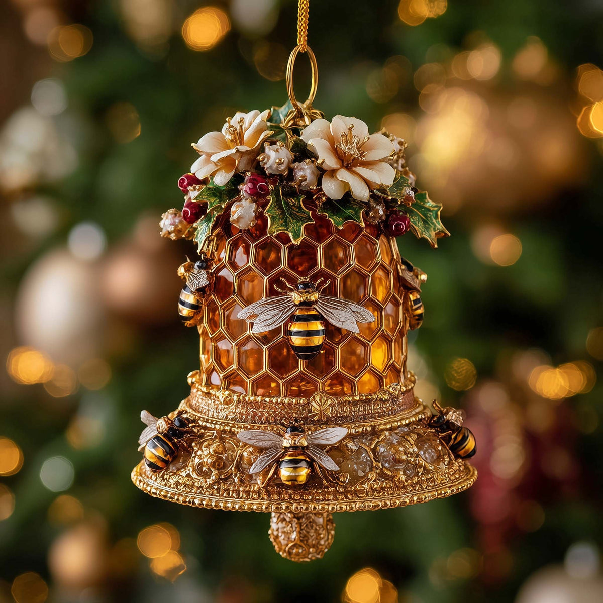 Honeycomb Bell with White Blossom Christmas Ornament
