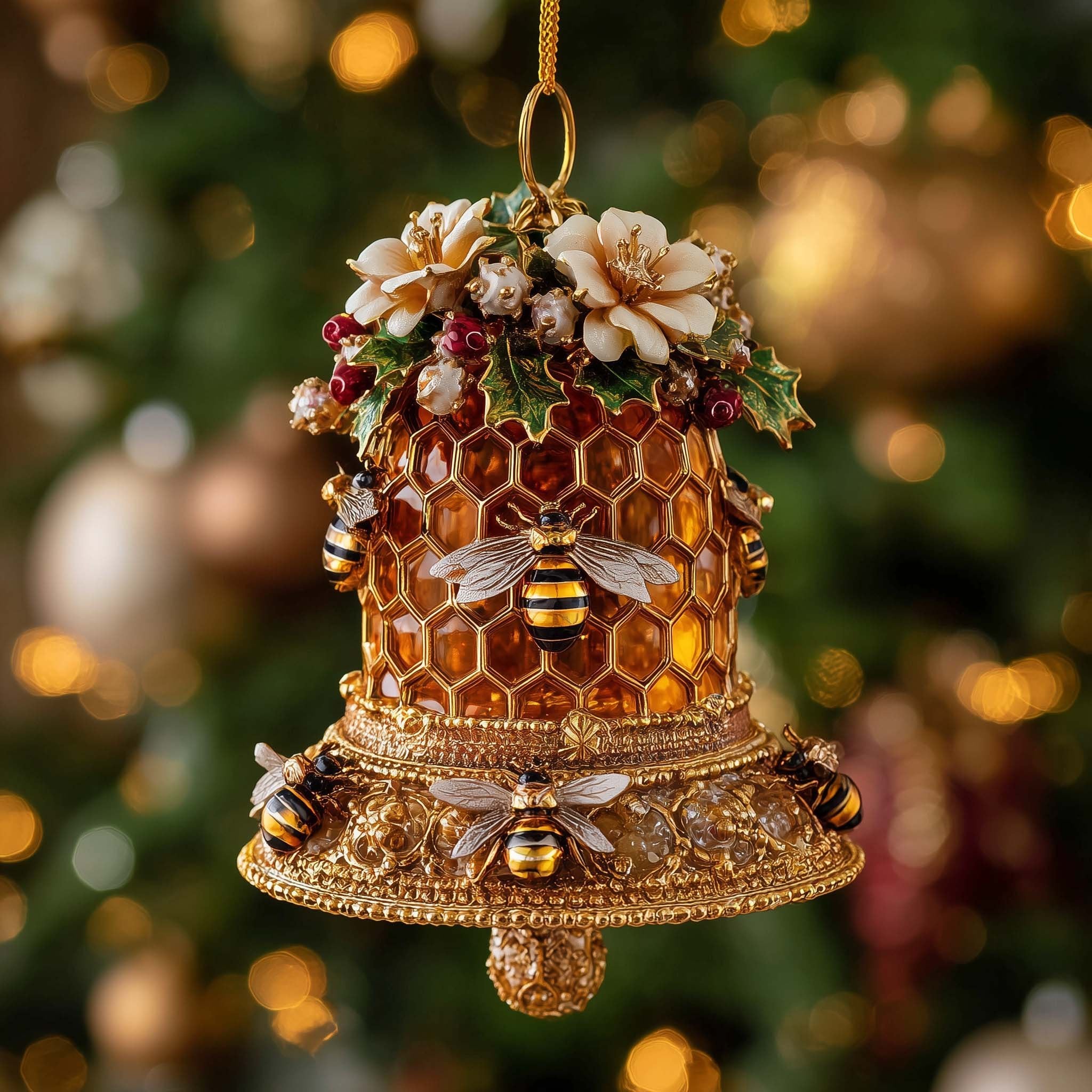 Honeycomb Bell with White Blossom Christmas Ornament