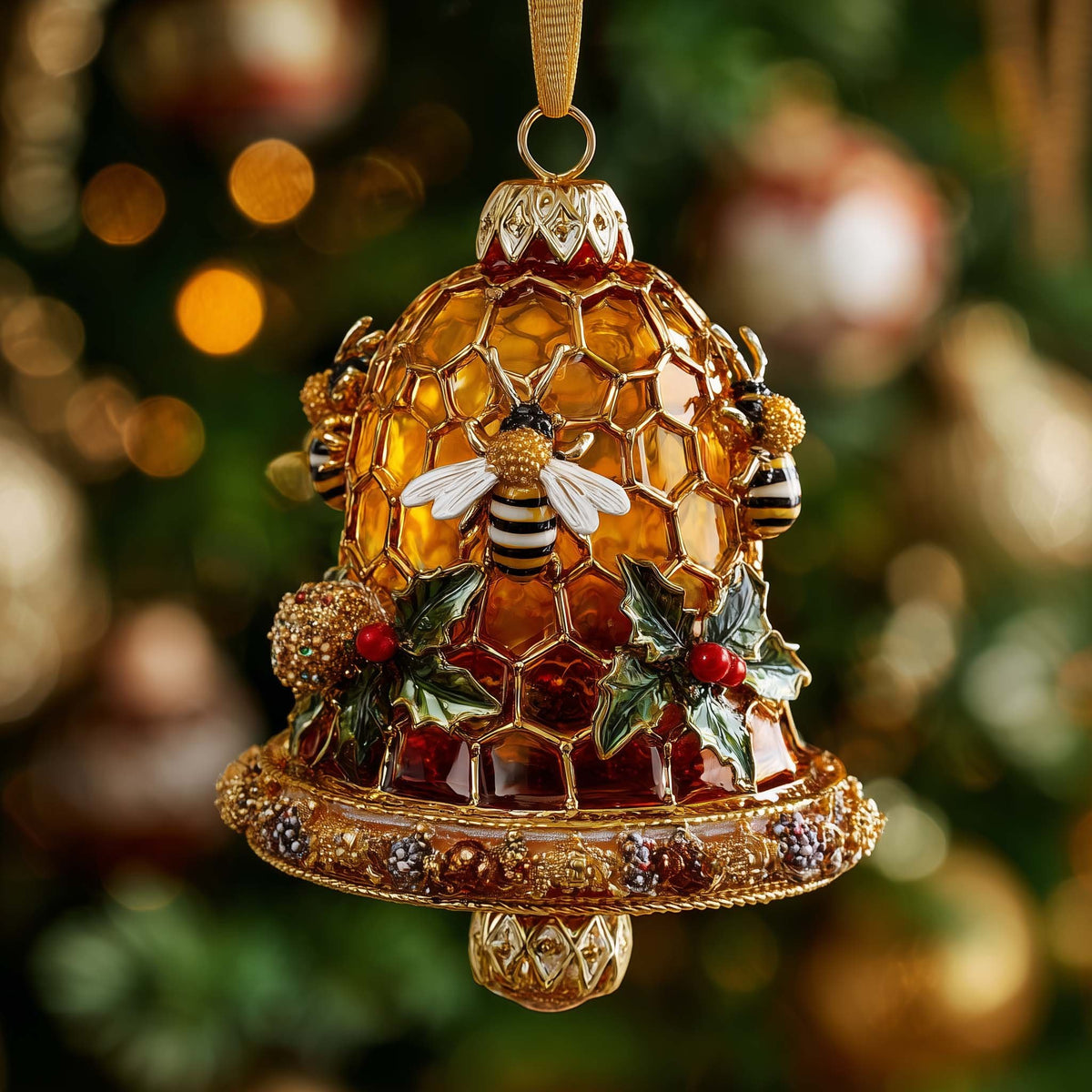 Golden Honeycomb Bell with Holly Christmas Ornament