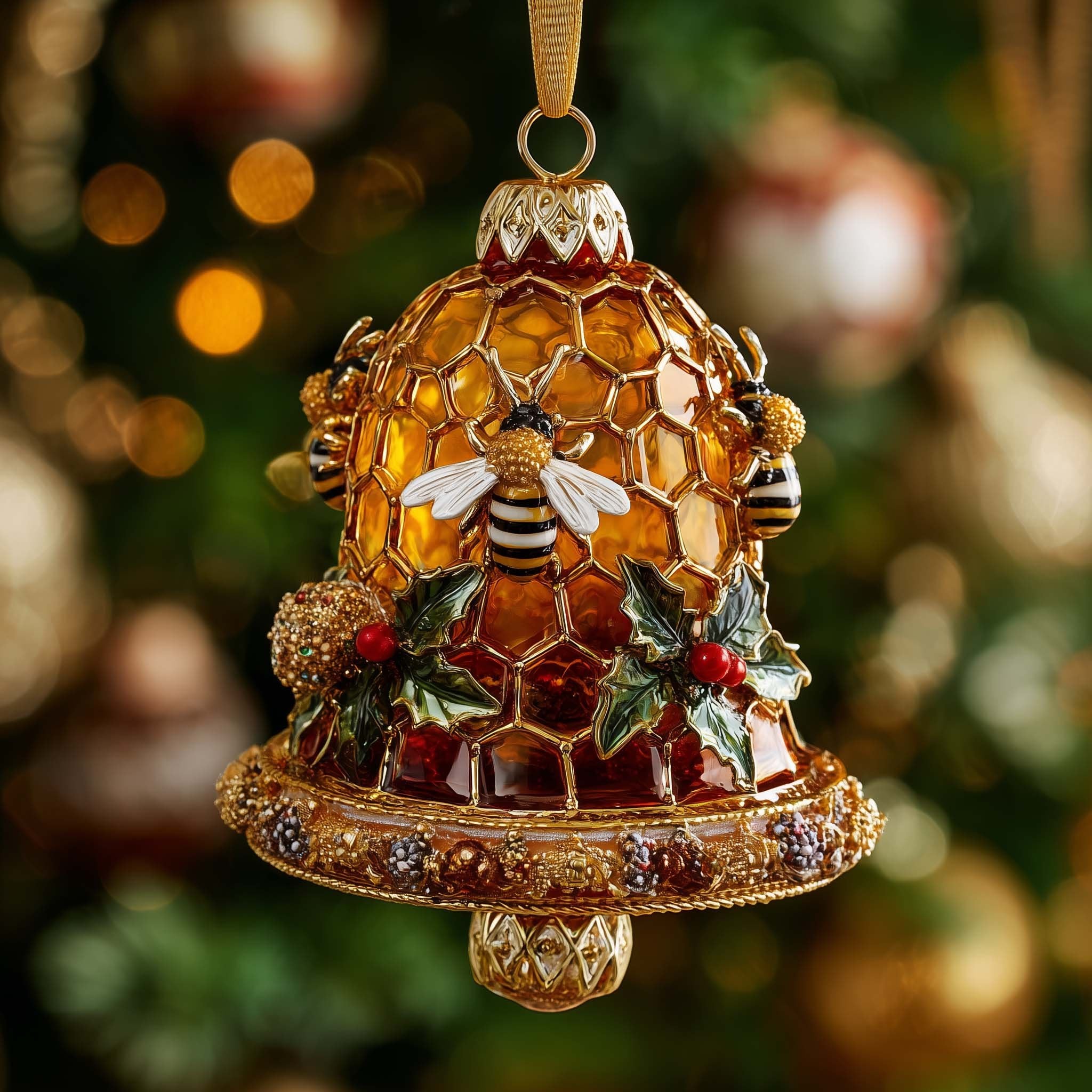 Golden Honeycomb Bell with Holly Christmas Ornament