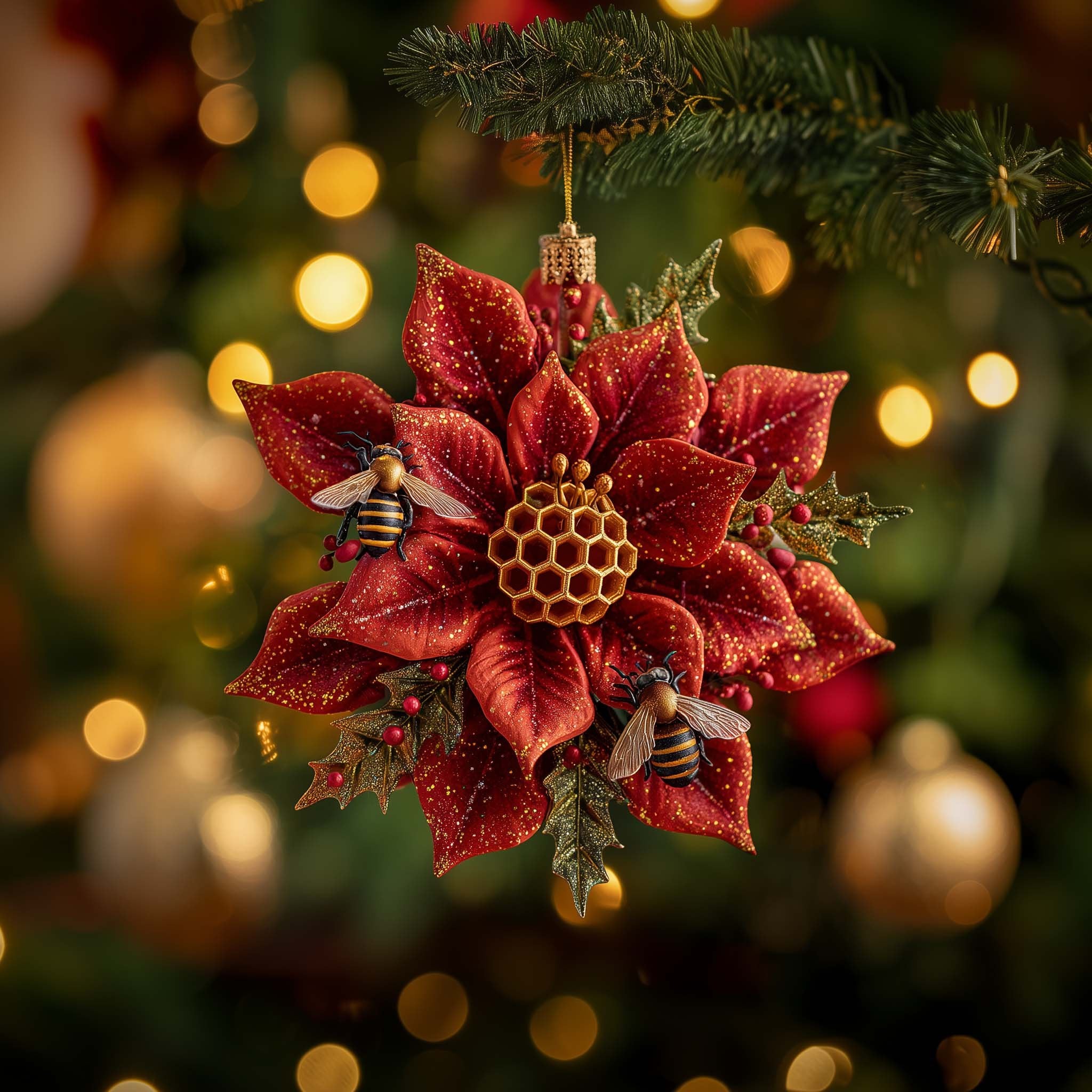 Red Poinsettia with a Honeycomb Heart Christmas Ornament