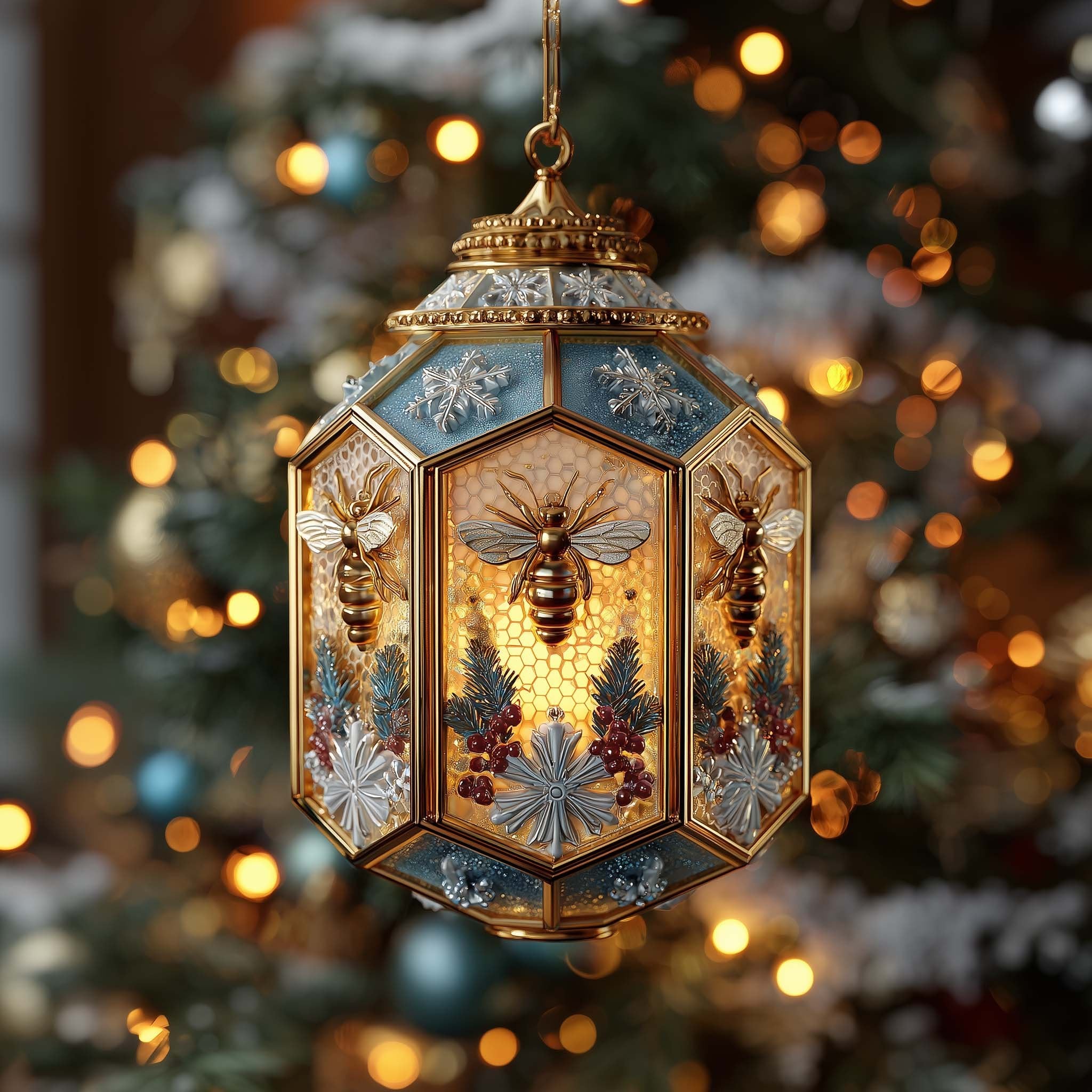 Blue and Gold Hexagon Bee Lantern Christmas Ornament
