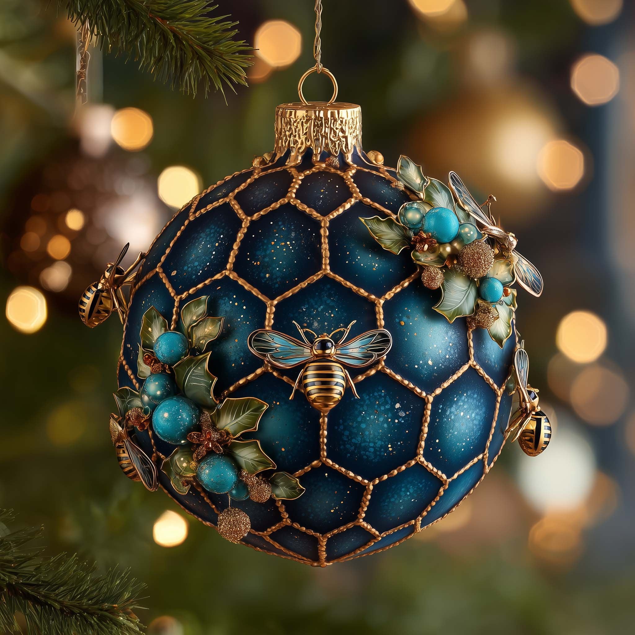 Midnight Blue Honeycomb Globe Christmas Ornament