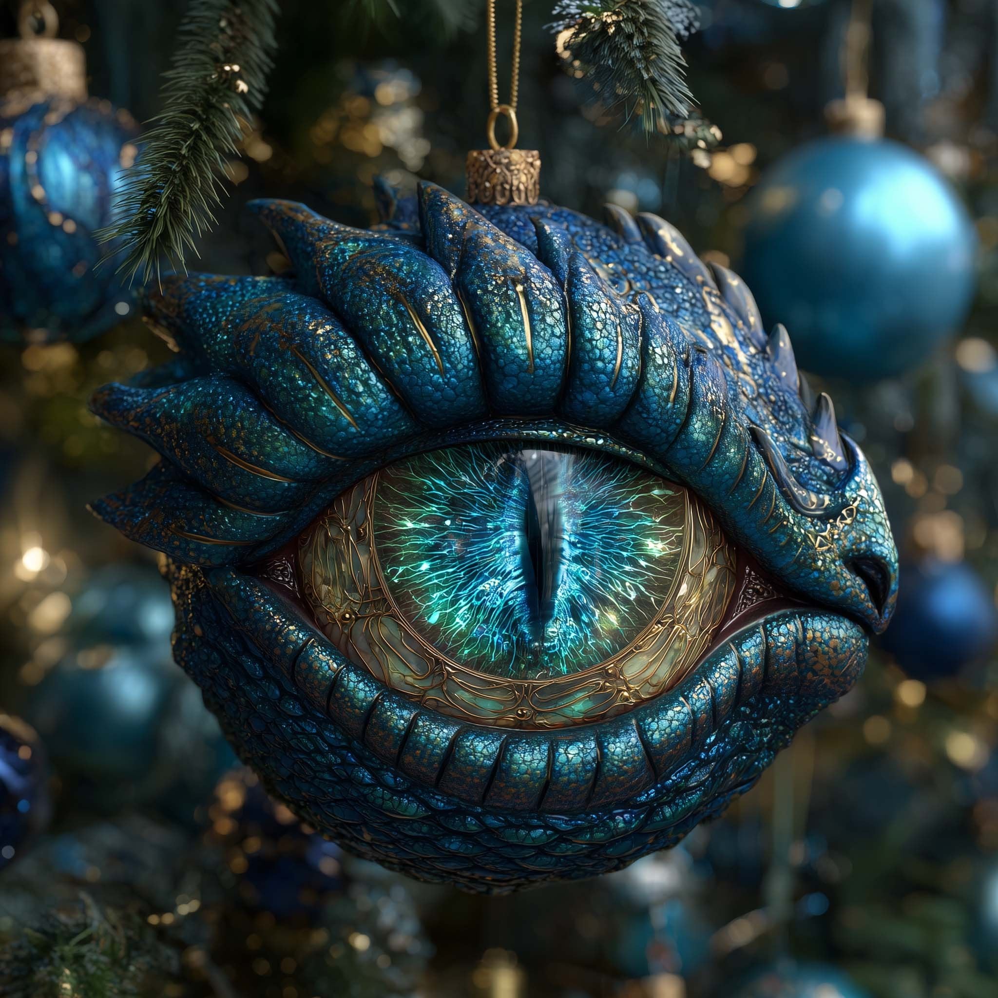Teal Feathered Dragon Eye Christmas Ornament
