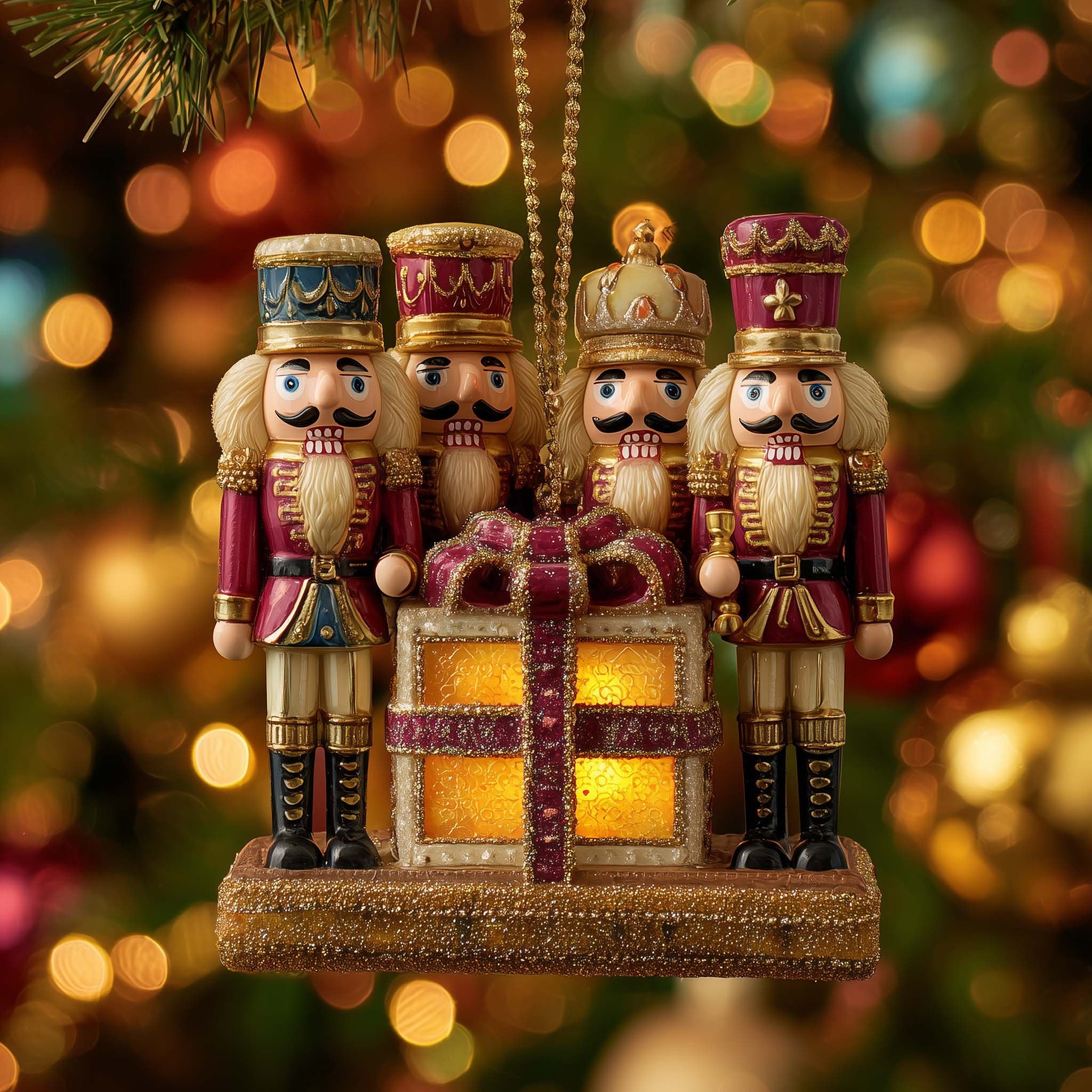 Four Nutcrackers and a Glowing Gift Christmas Ornament