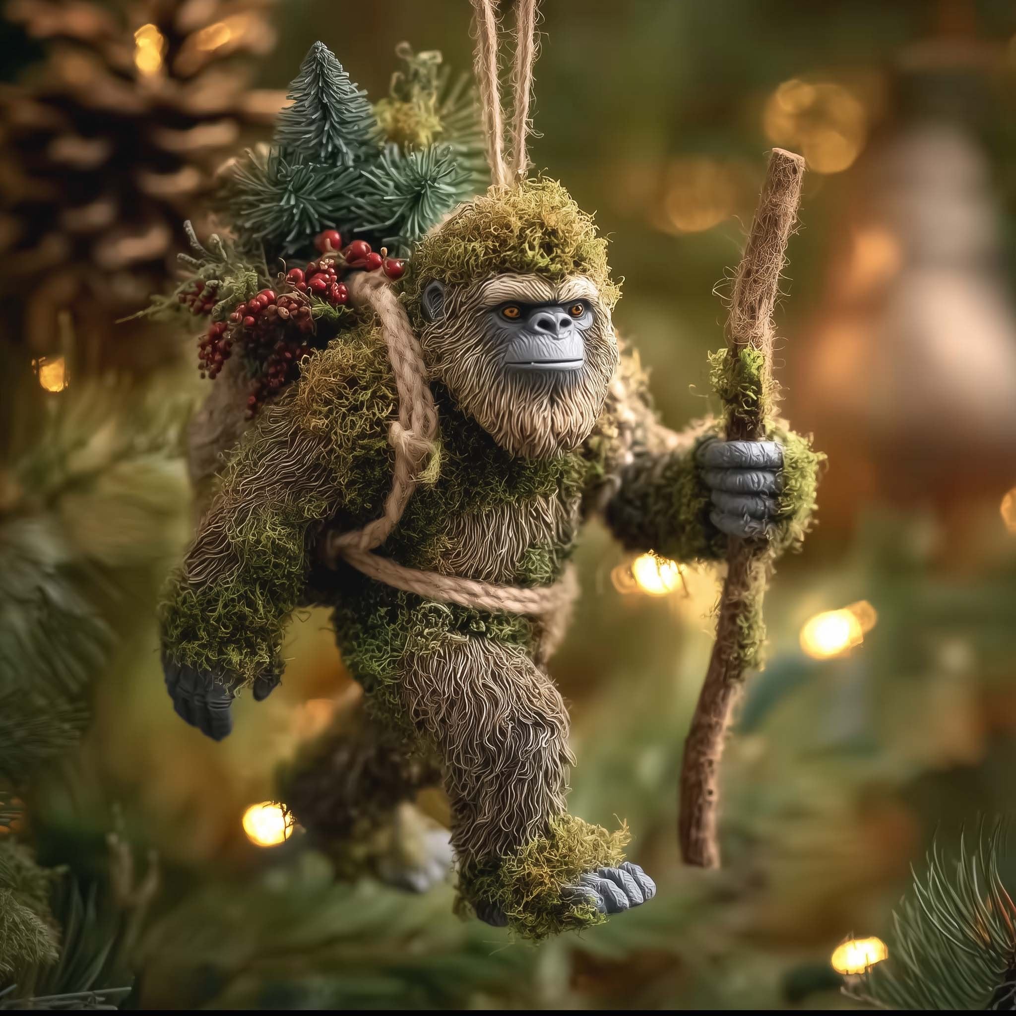 Mossy Bigfoot with a Walking Stick Christmas Ornament