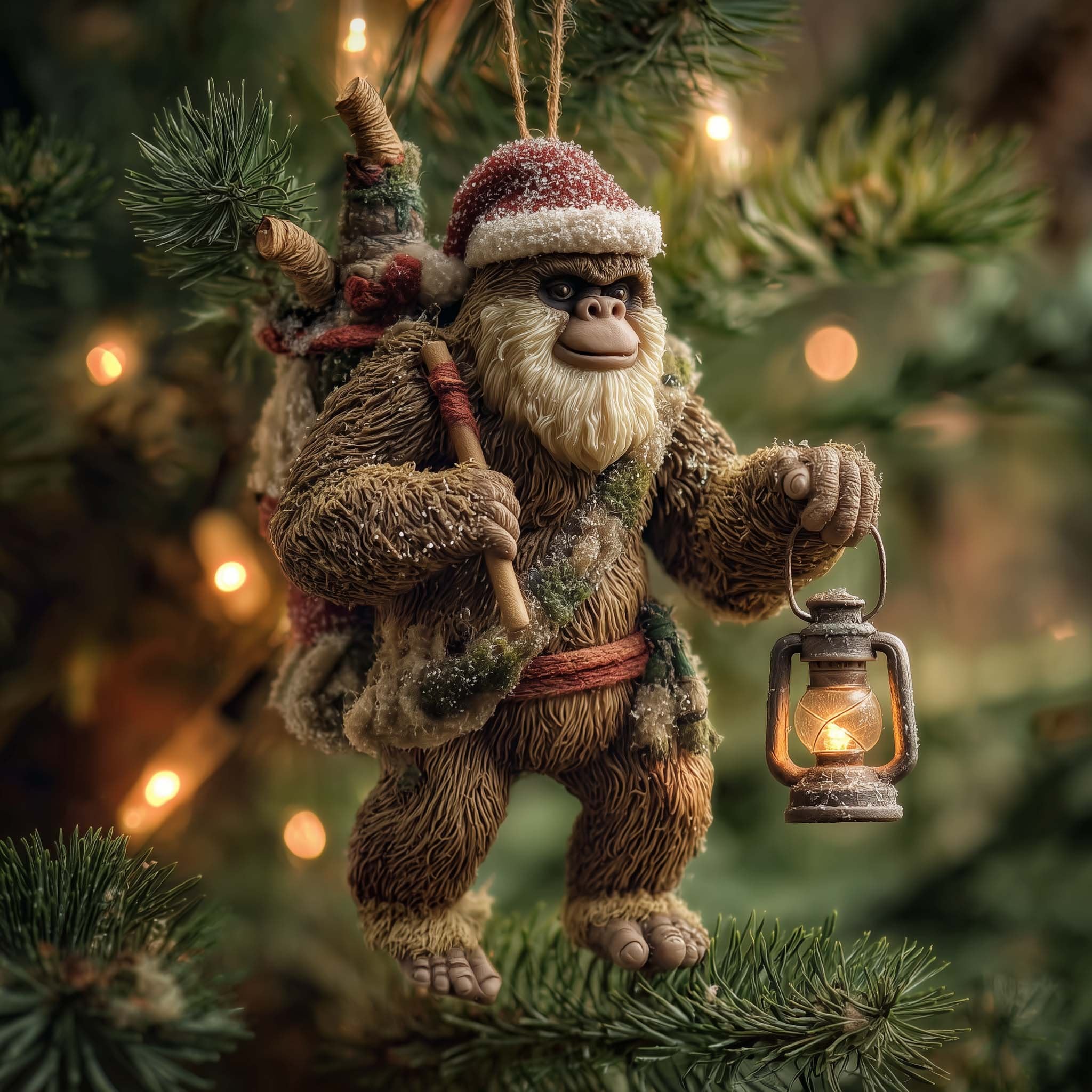 Bigfoot with a Santa Hat and Lantern Christmas Ornament