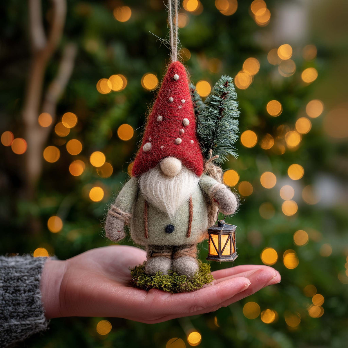 Red Hat Gnome with a Lantern Christmas Ornament