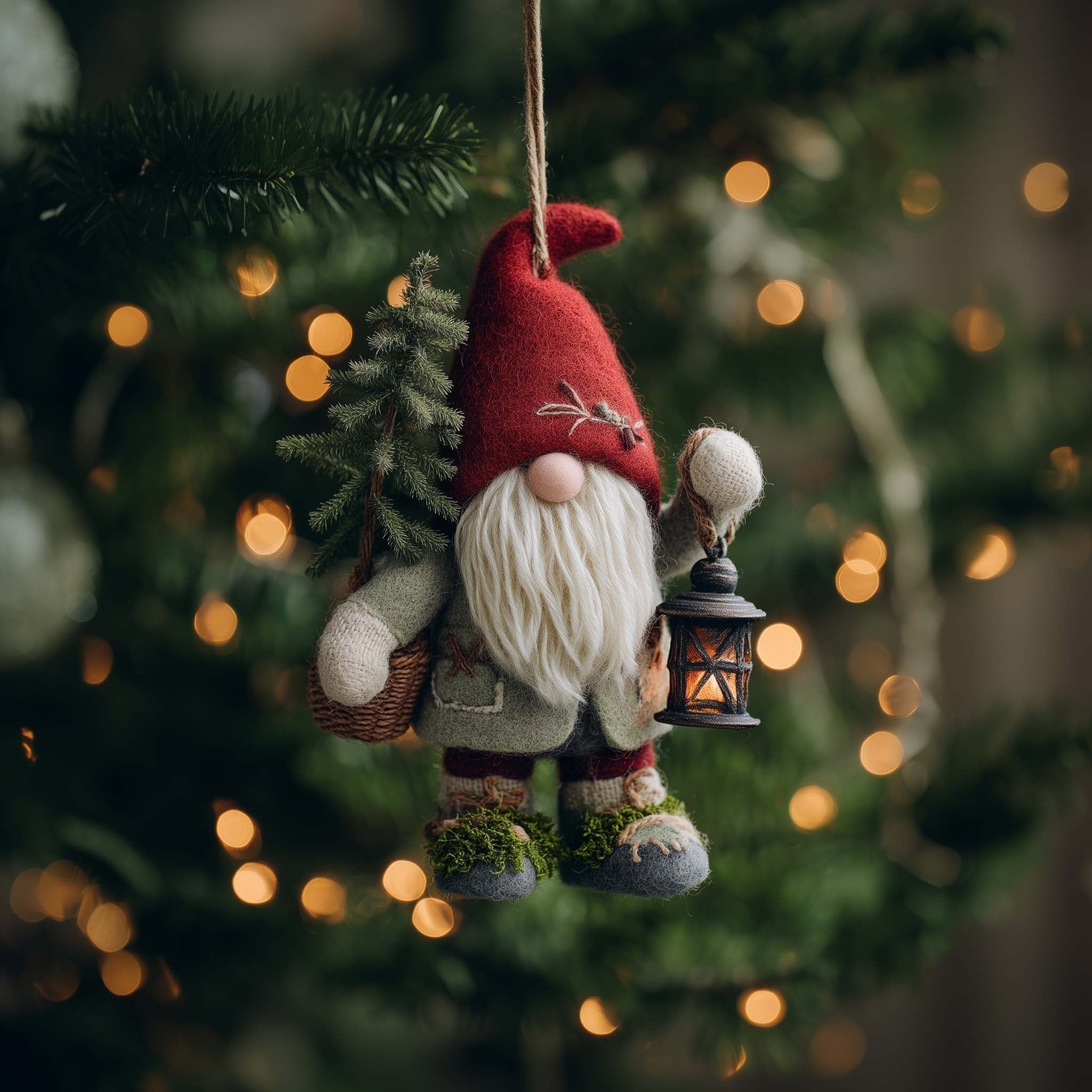 Gnome with a Pine Tree and Lantern Christmas Ornament