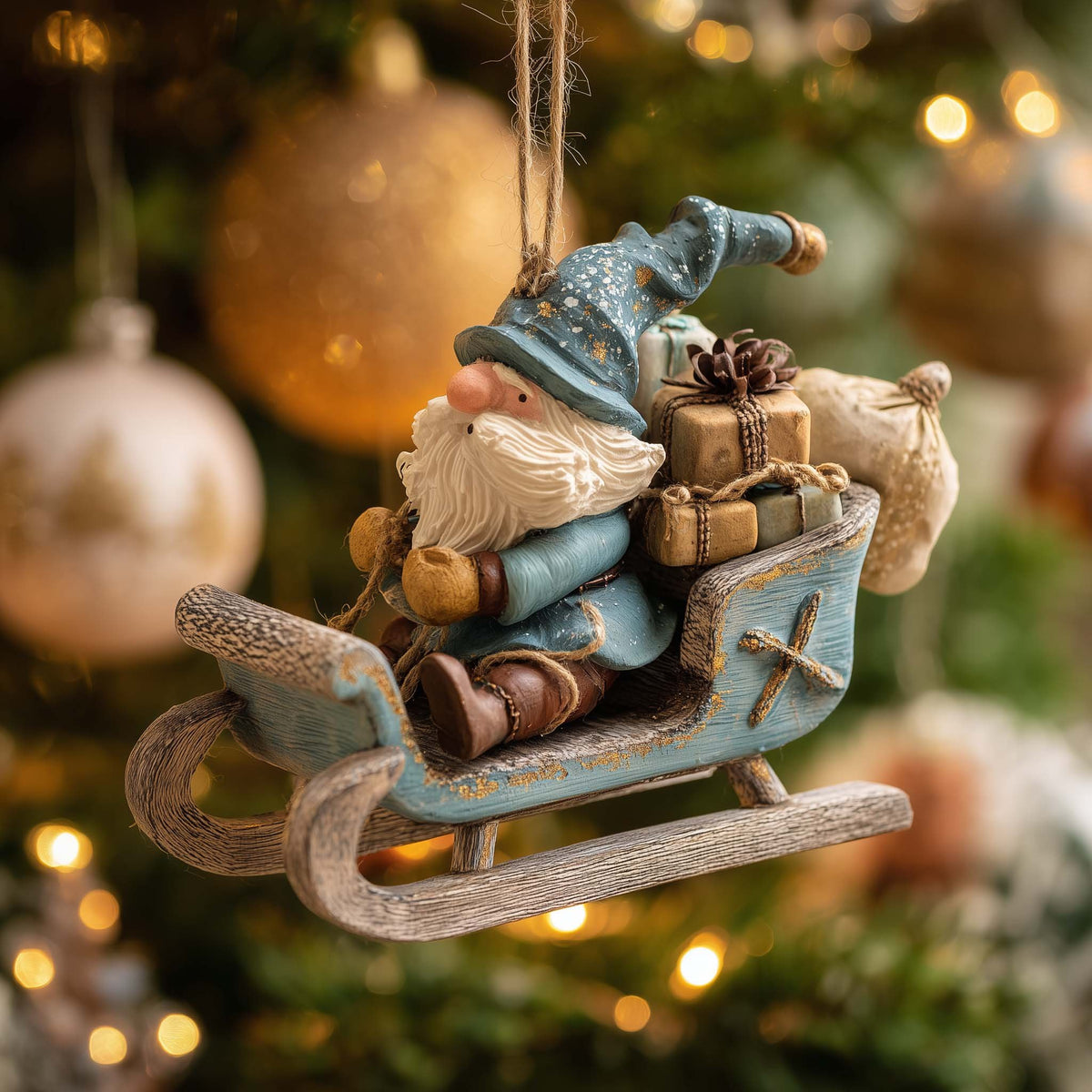 Snow Gnome Sleigh Rider Christmas Ornament
