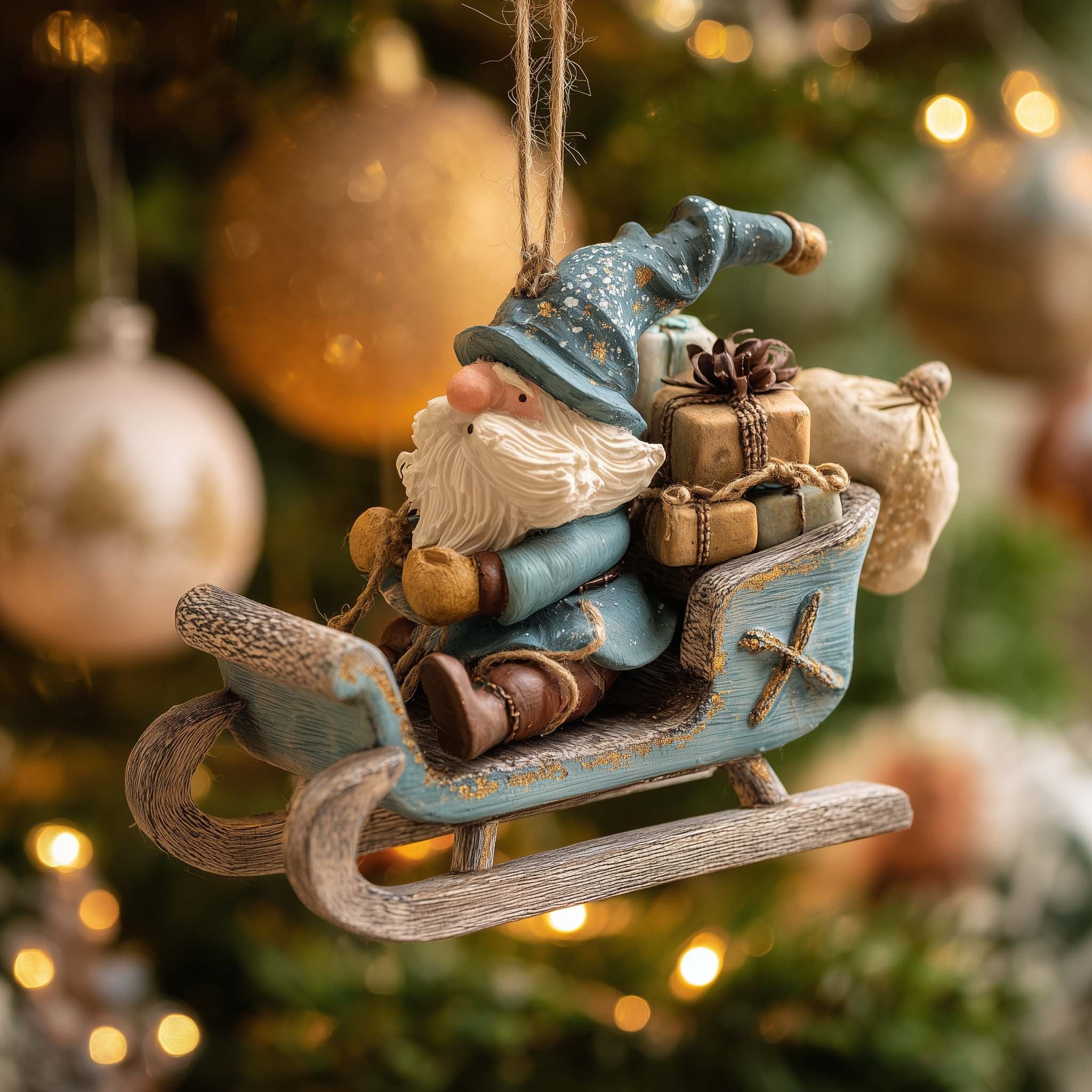 Snow Gnome Sleigh Rider Christmas Ornament