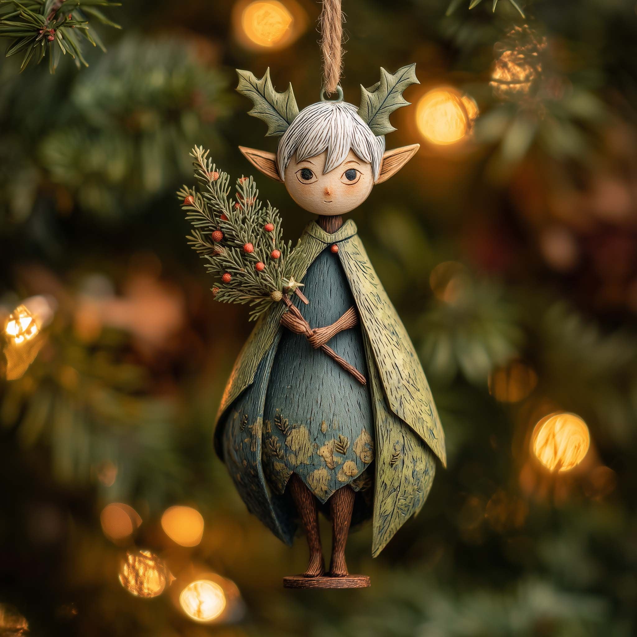 Antlered Elf in a Green Cloak Christmas Ornament