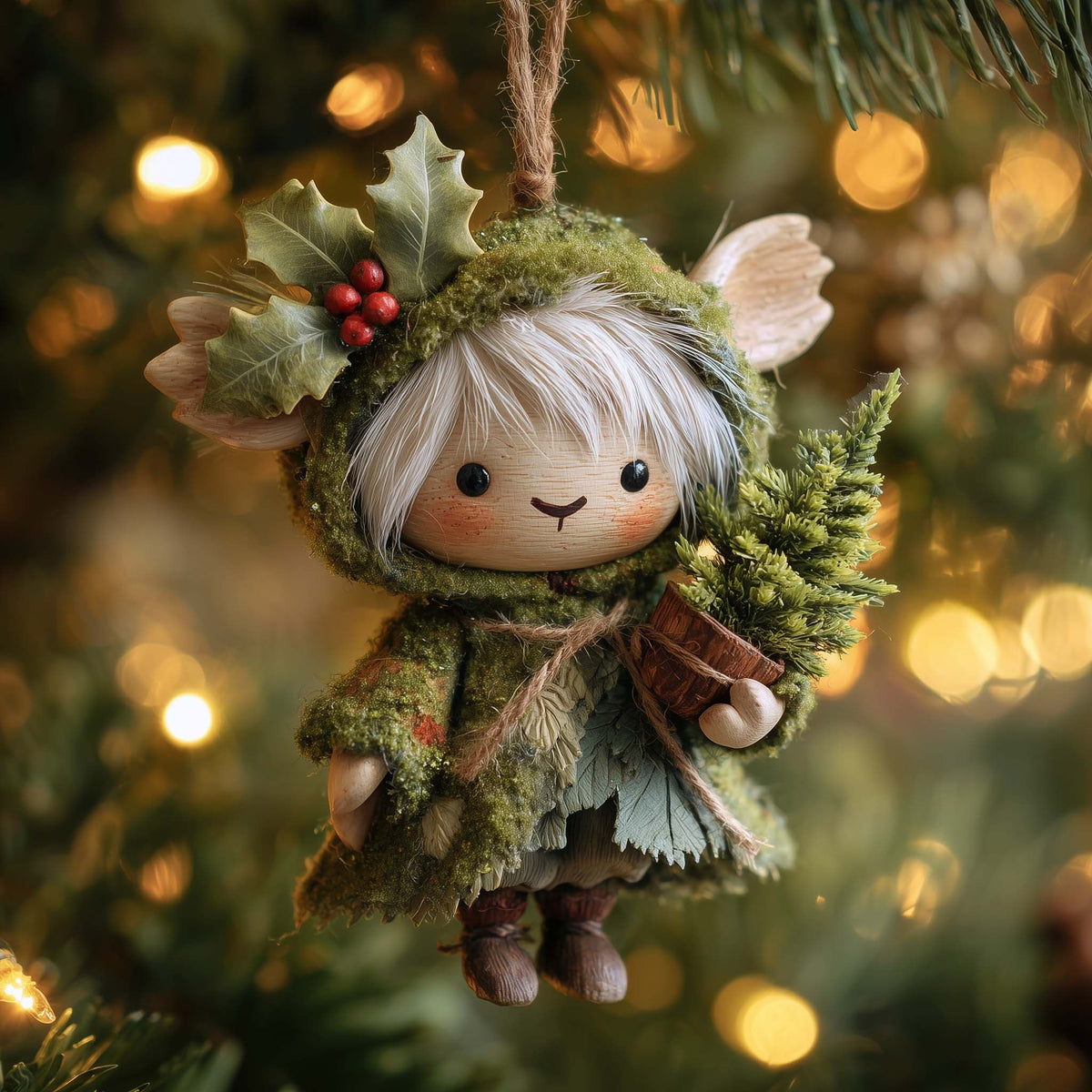 Little Holly Elf with a Sapling Christmas Ornament