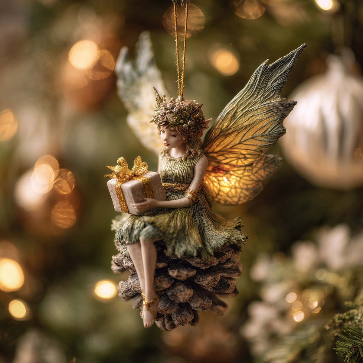 Fairy Reading on a Pinecone Christmas Ornament