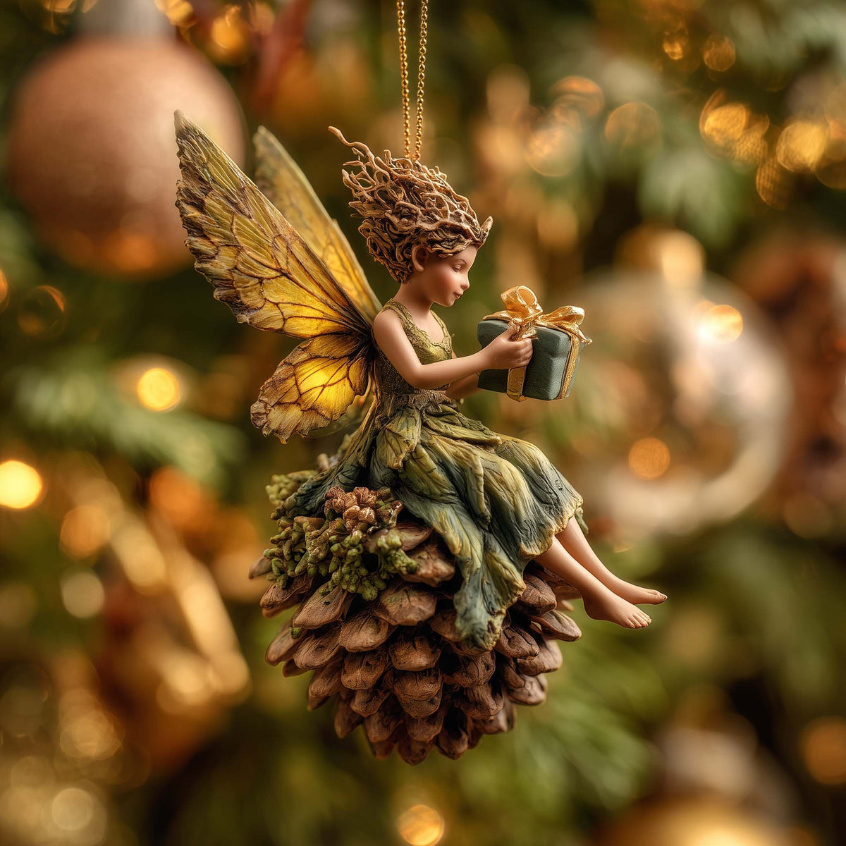 Pinecone Fairy with a Gift Christmas Ornament