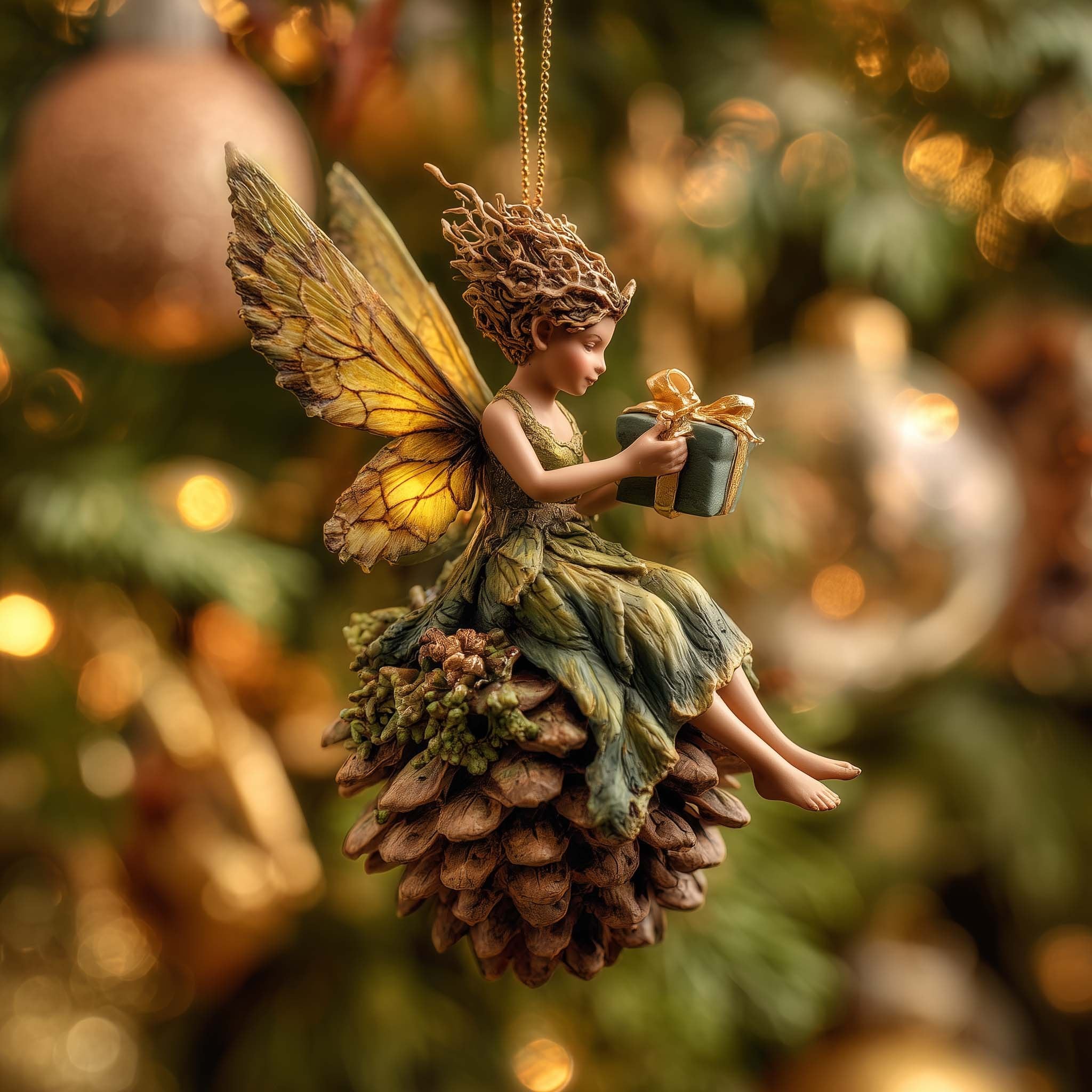 Pinecone Fairy with a Gift Christmas Ornament
