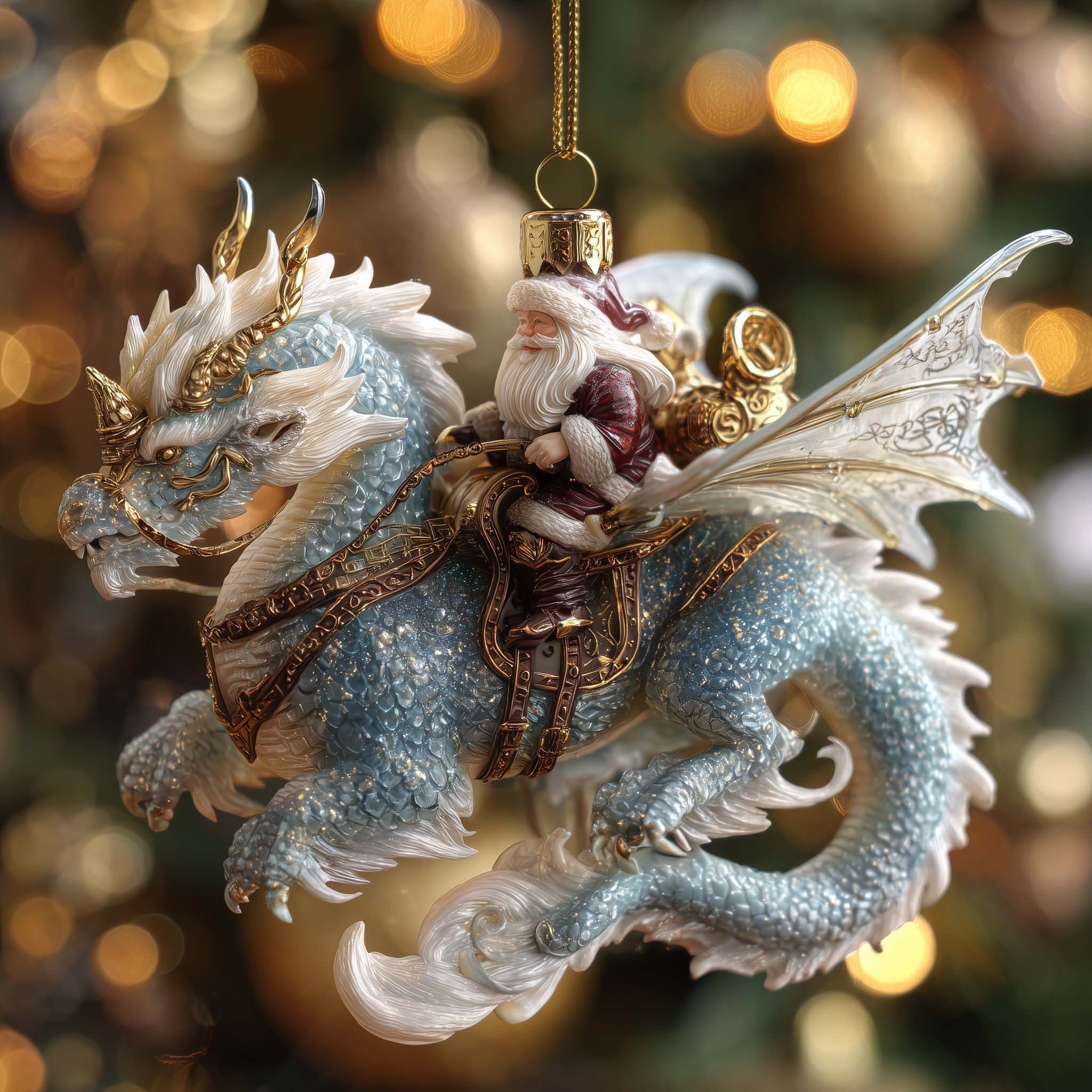 Santa on a Silver Dragon Christmas Ornament