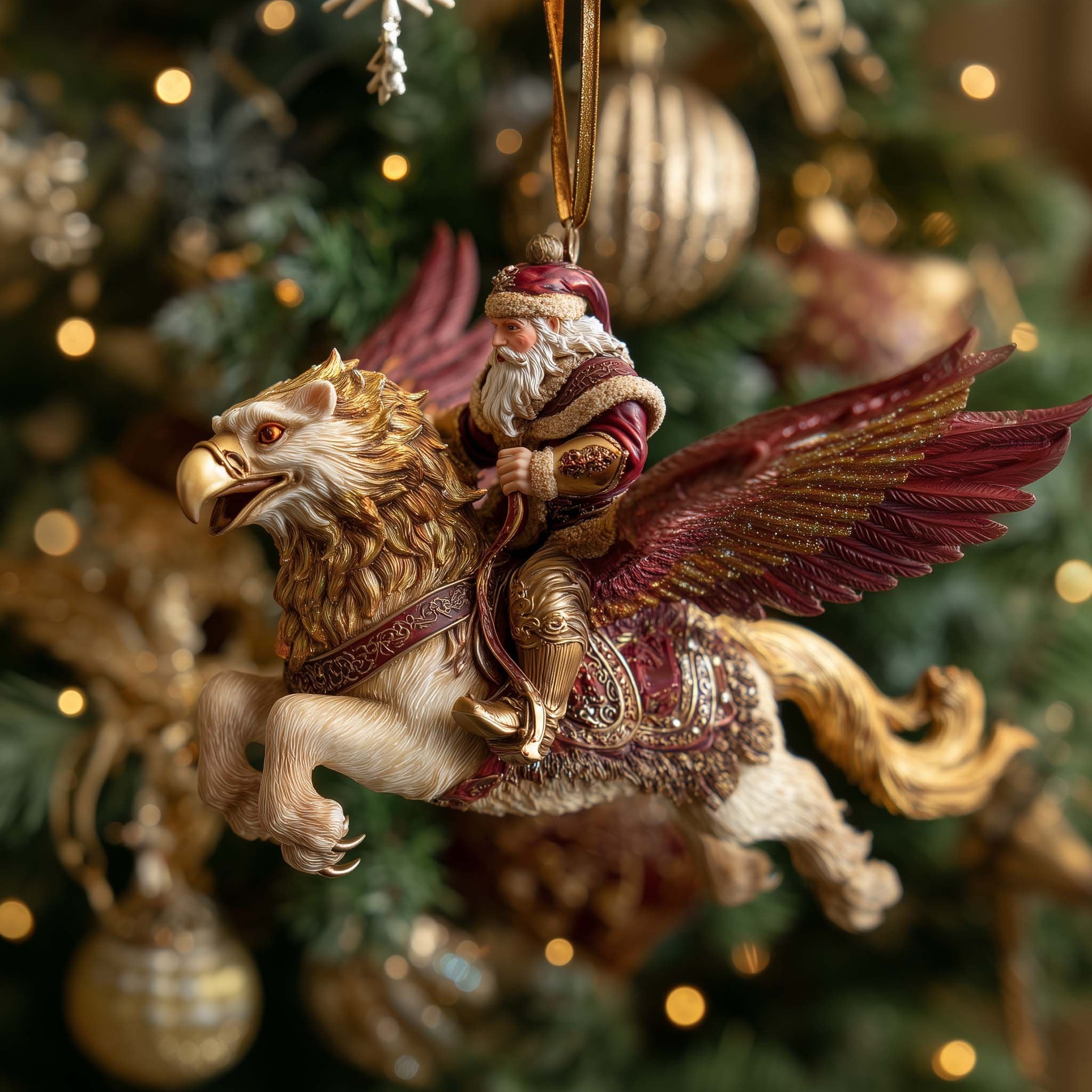 Santa Riding a Crimson Gryphon Christmas Ornament