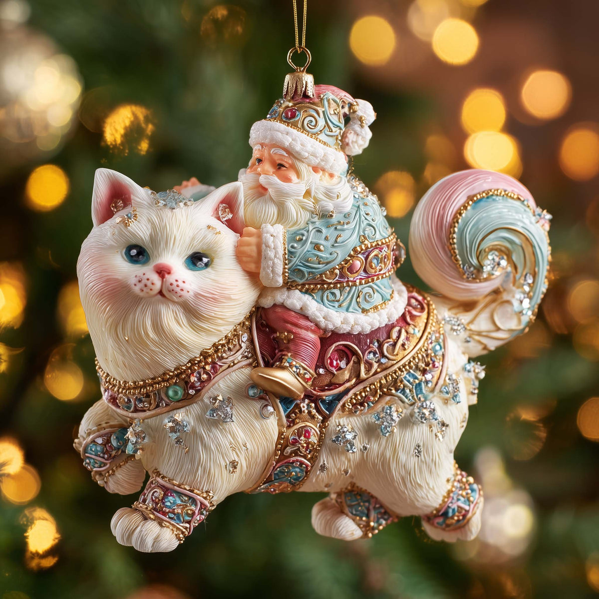Santa Riding a White Cat Christmas Ornament