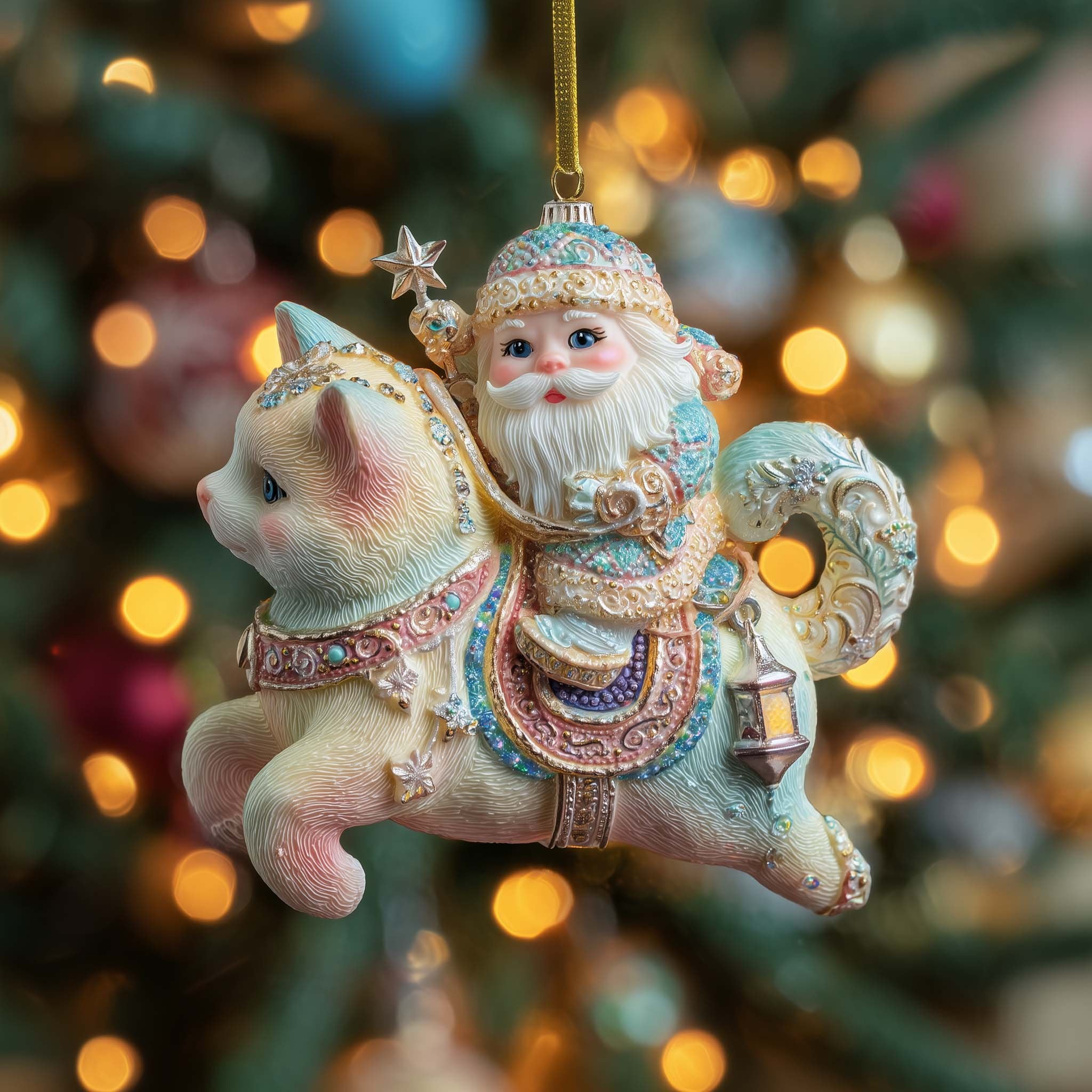 Santa on a Snow Kitten Christmas Ornament
