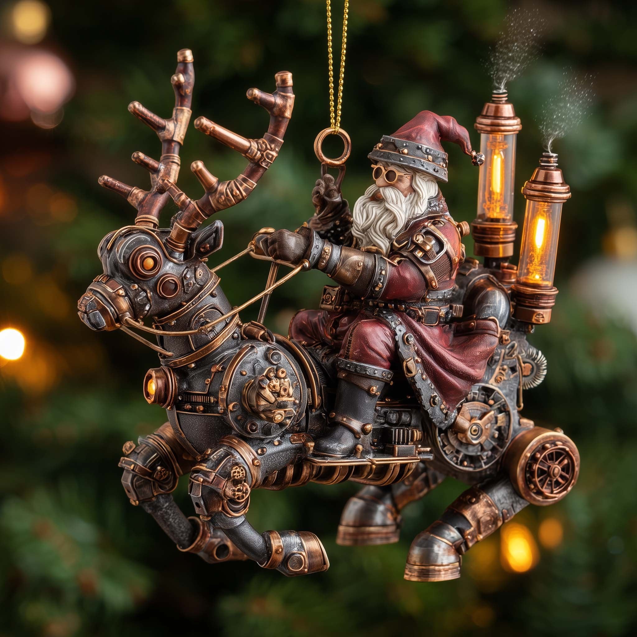 Steampunk Santa and Clockwork Reindeer Christmas Ornament